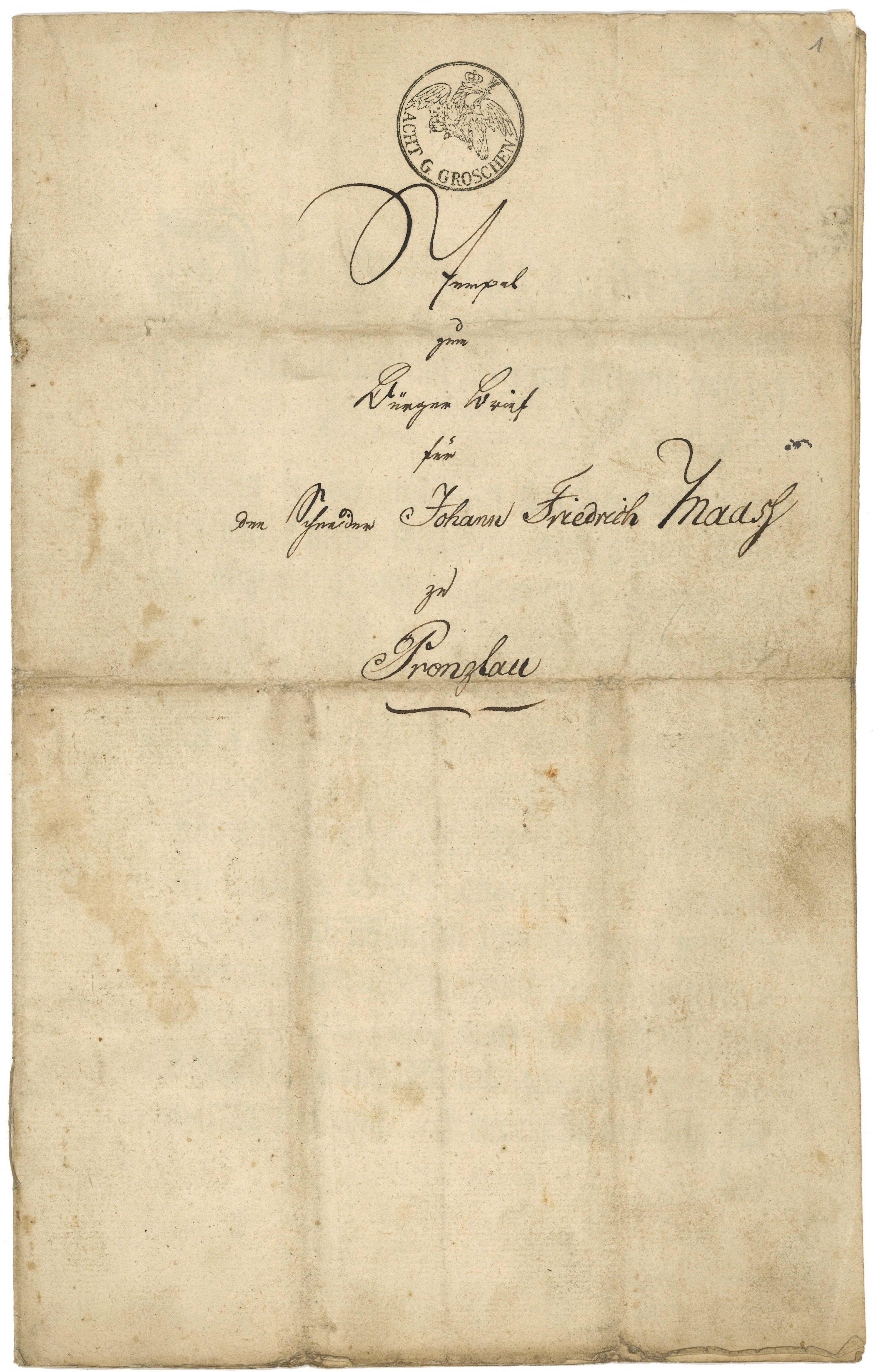 Bürgerbrief der Stadt Prenzlau für den Schneider Johann Friedrich Maaß 1821 (Landesgeschichtliche Vereinigung für die Mark Brandenburg e.V., Archiv CC BY)