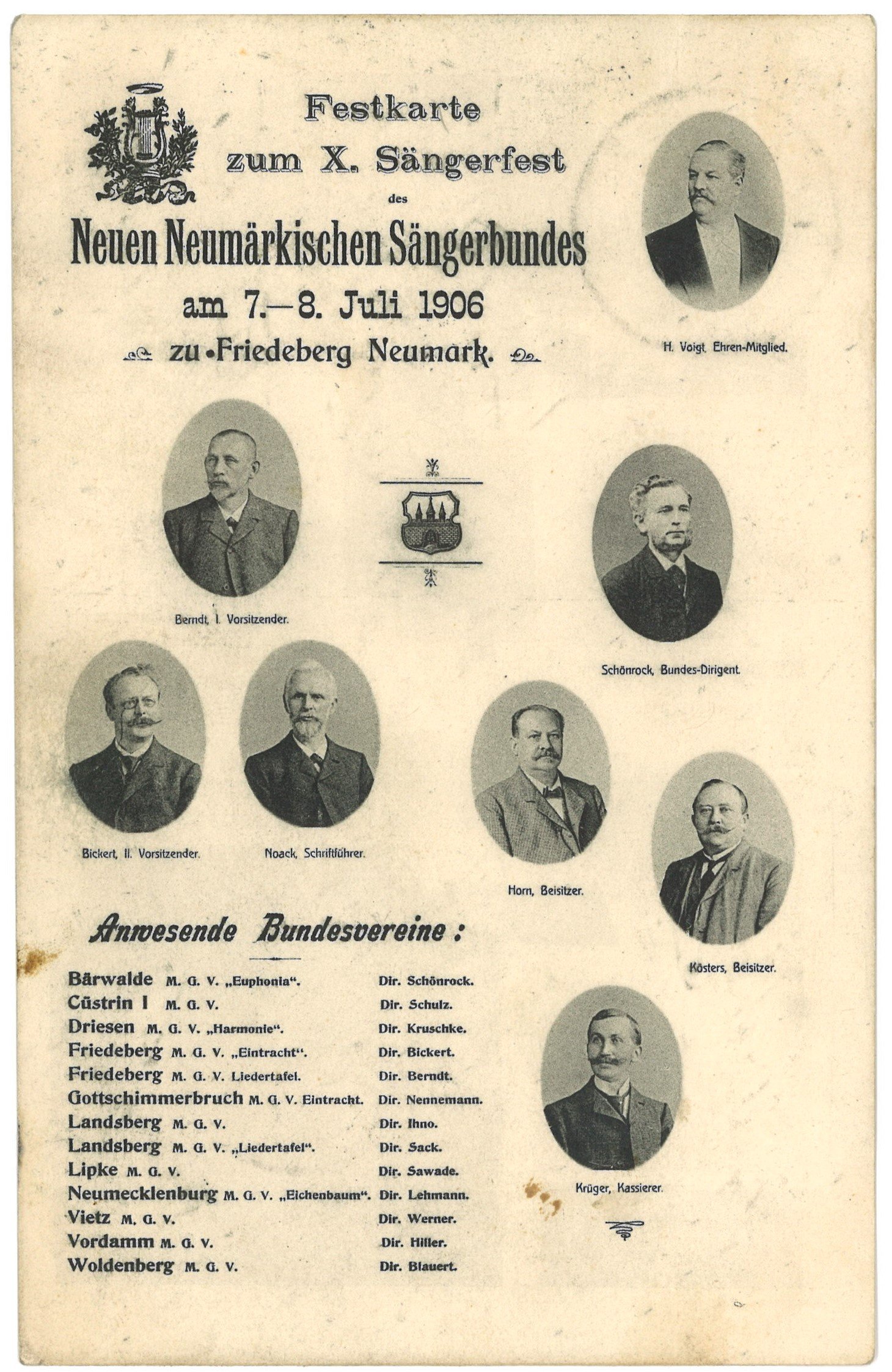 Festkarte zum X. Sängerfest des Neuen Neumärkschen Sängebundes 1906 in Friedeberg/Nm. [Strzelce Krajeńskie] (Landesgeschichtliche Vereinigung für die Mark Brandenburg e.V., Archiv CC BY)