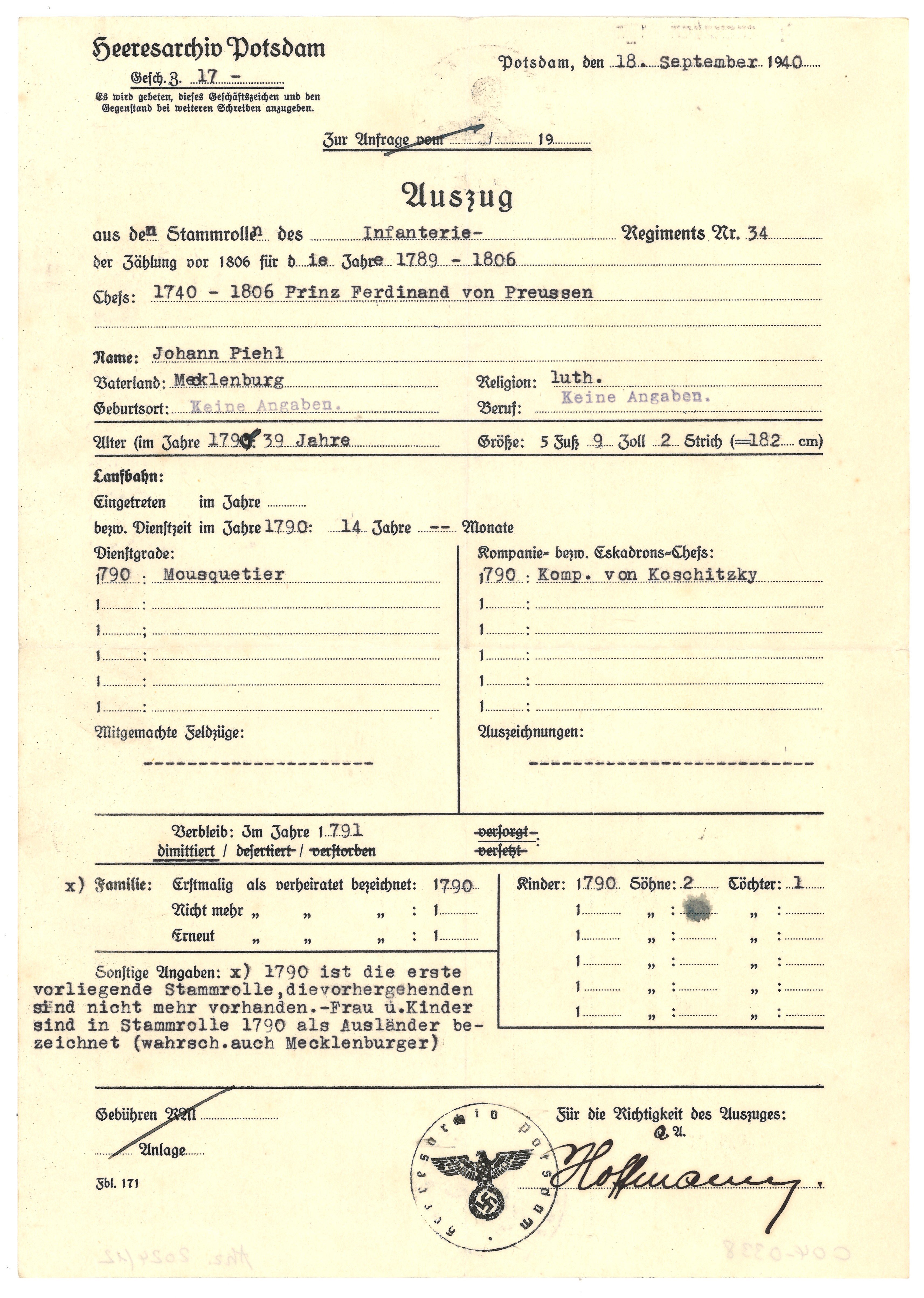 Auszug aus der Stammrolle des Infanterie-Regiments Nr. 34 für Johann Piehl 1790/91 (1940) (Landesgeschichtliche Vereinigung für die Mark Brandenburg e.V., Archiv CC BY)