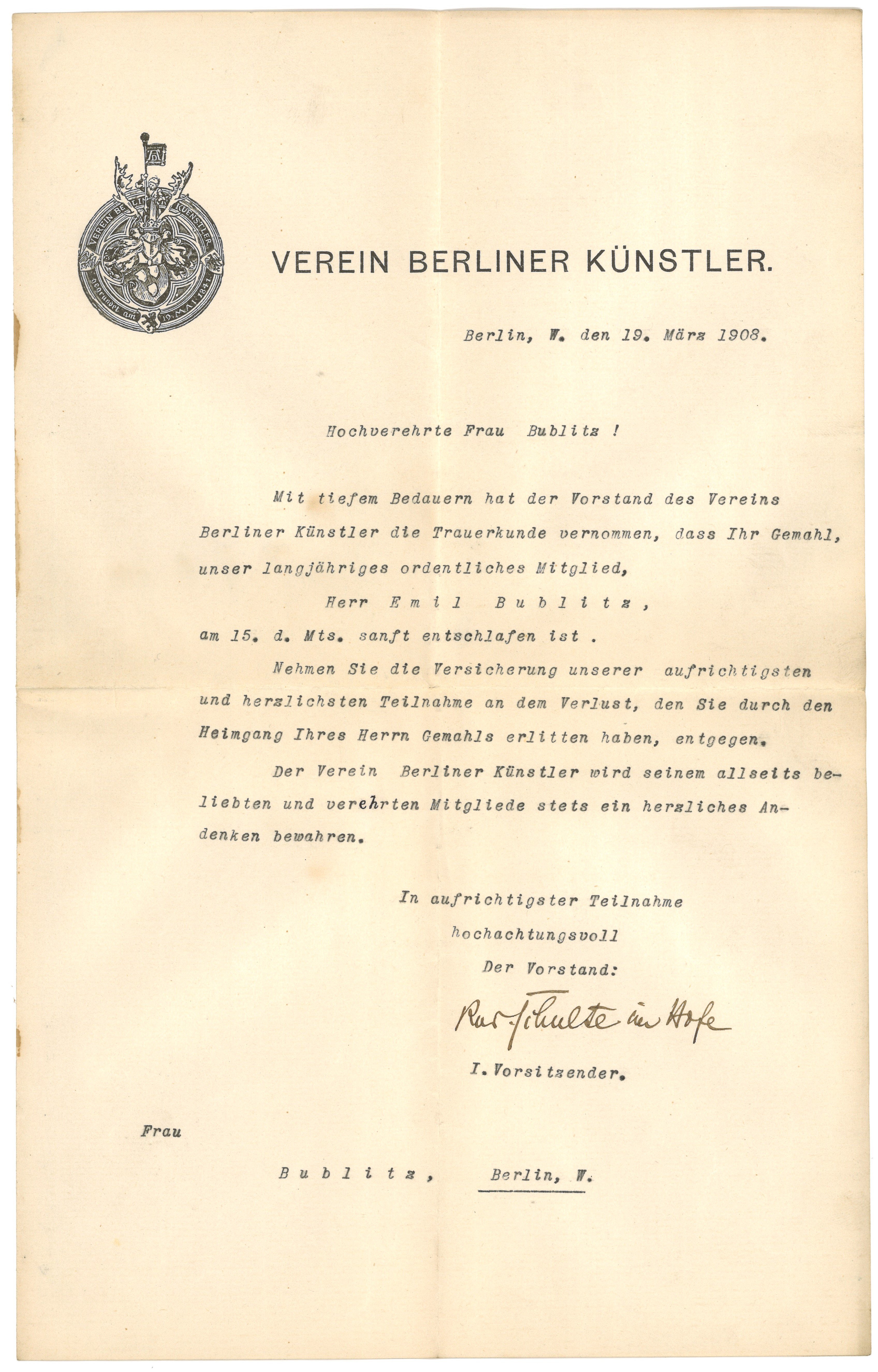 Kondolenzschreiben des Vereins Berliner Künstler an die Witwe des ordentlichen Mitglieds Karl Bublitz 1908 (Landesgeschichtliche Vereinigung für die Mark Brandenburg e.V., Archiv CC BY)