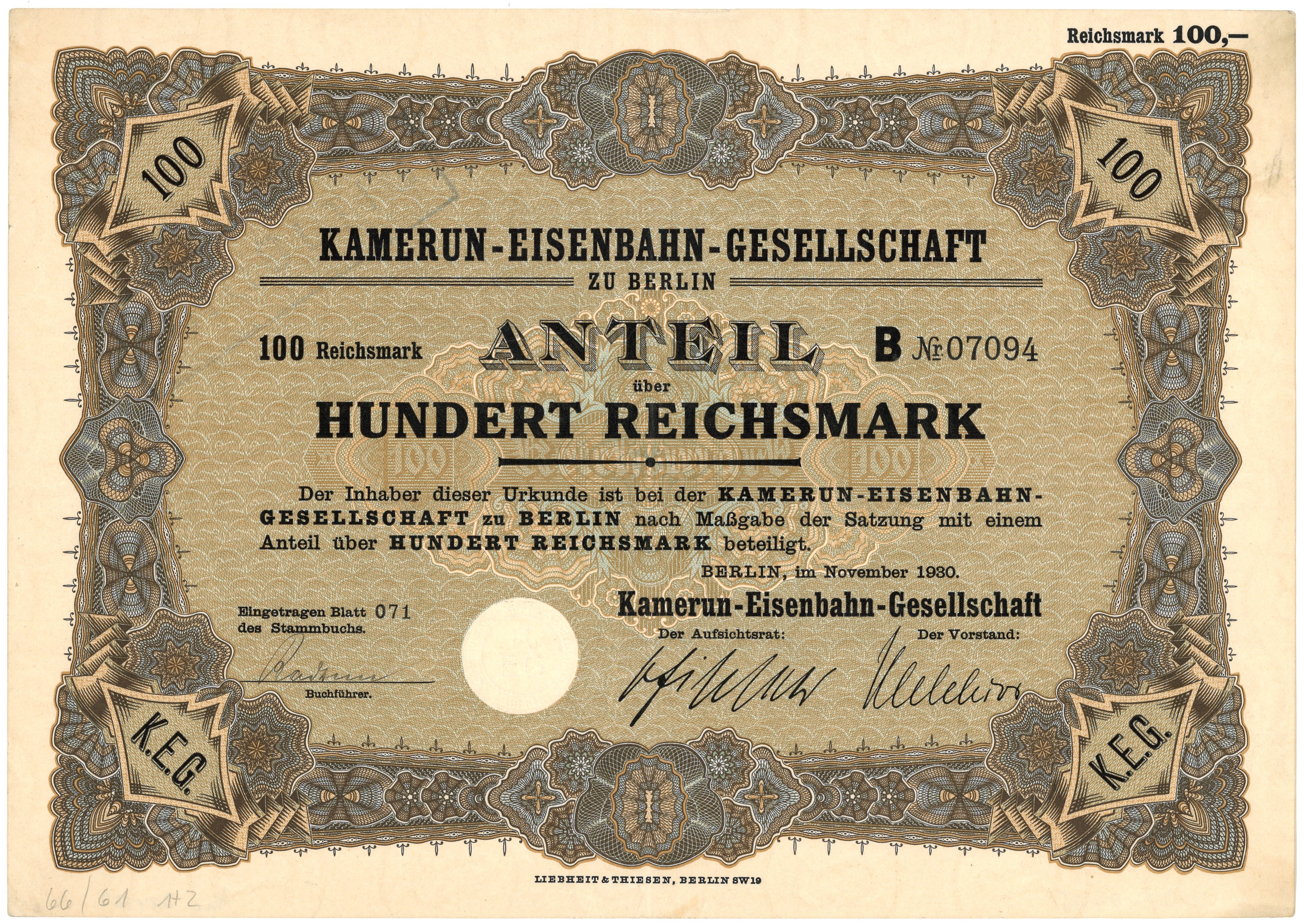 Aktie der Kamerun-Eisenbahn-Gesellschaft über 100 Reichsmark (1930) (Landesgeschichtliche Vereinigung für die Mark Brandenburg e.V., Archiv CC BY)
