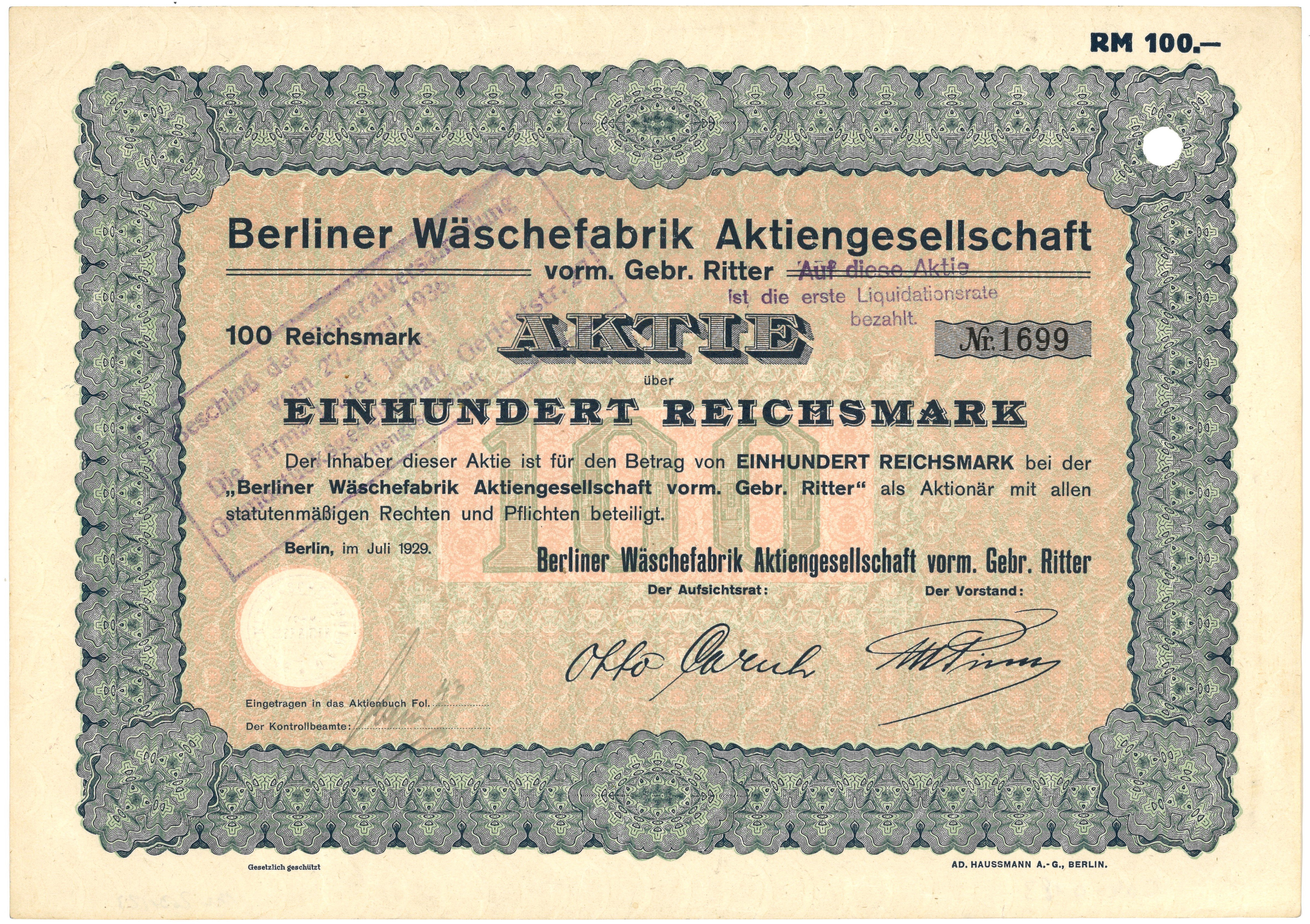 Aktie der Berliner Wäschefabrik AG vorm. Gebr. Ritter (1929) (Landesgeschichtliche Vereinigung für die Mark Brandenburg e.V., Archiv CC BY)