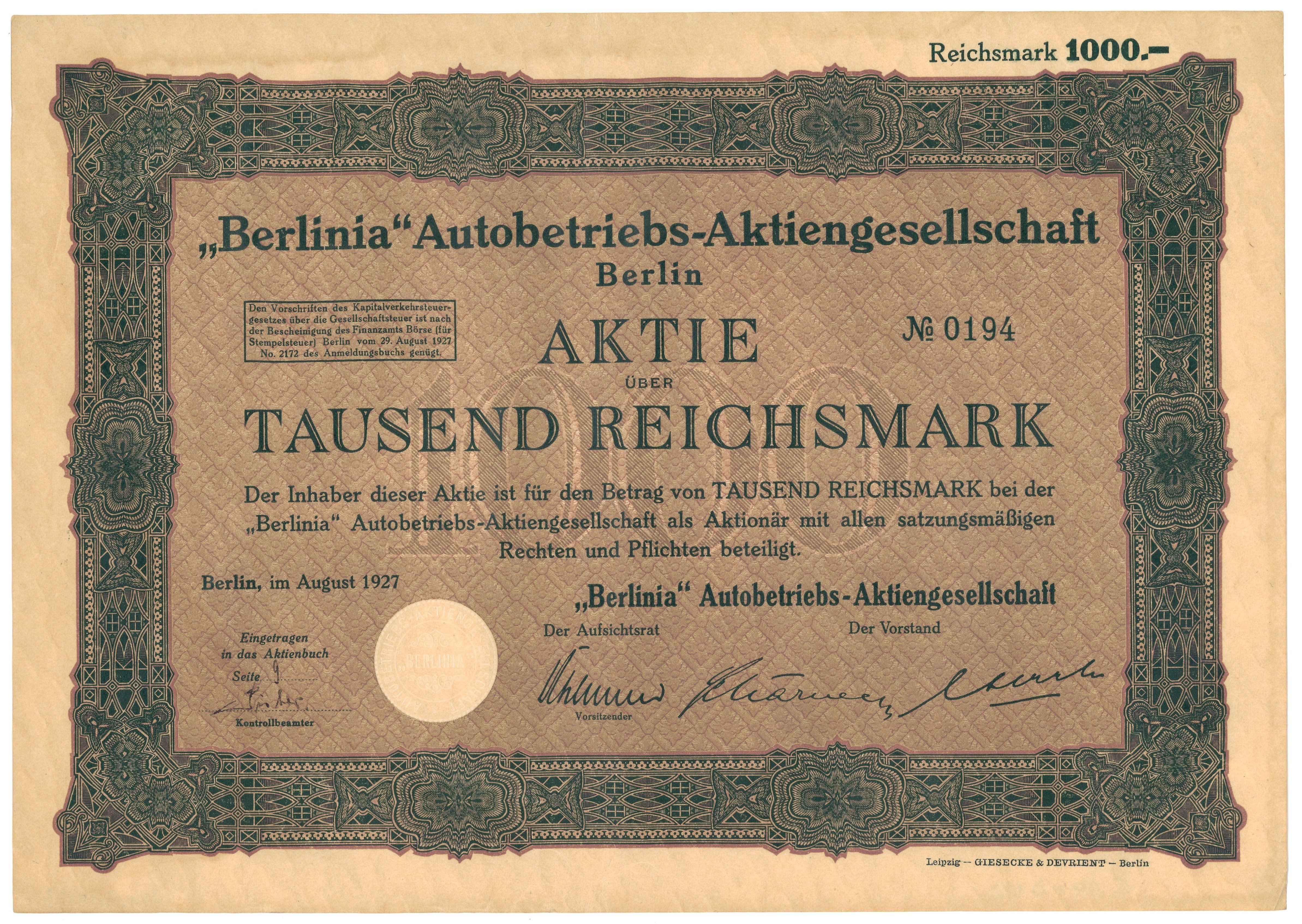 Aktie der "Berlinia" Autobetriebs-AG Berlin (1927) (Landesgeschichtliche Vereinigung für die Mark Brandenburg e.V., Archiv CC BY)