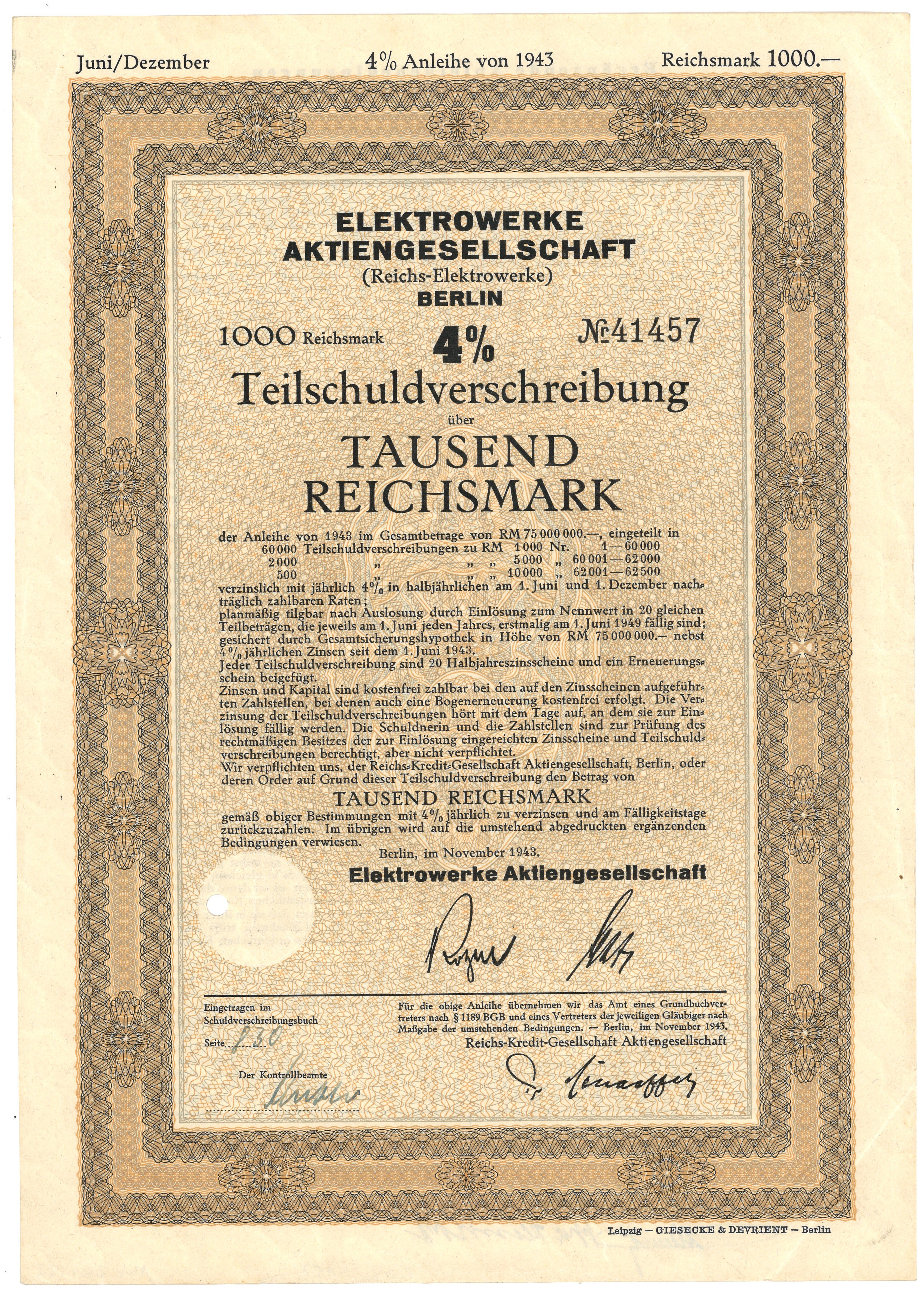 Teilschuldverschreibung der Elektrowerke AG (Reichs-Elektrowerke) Berlin (1943) (Landesgeschichtliche Vereinigung für die Mark Brandenburg e.V. CC BY)
