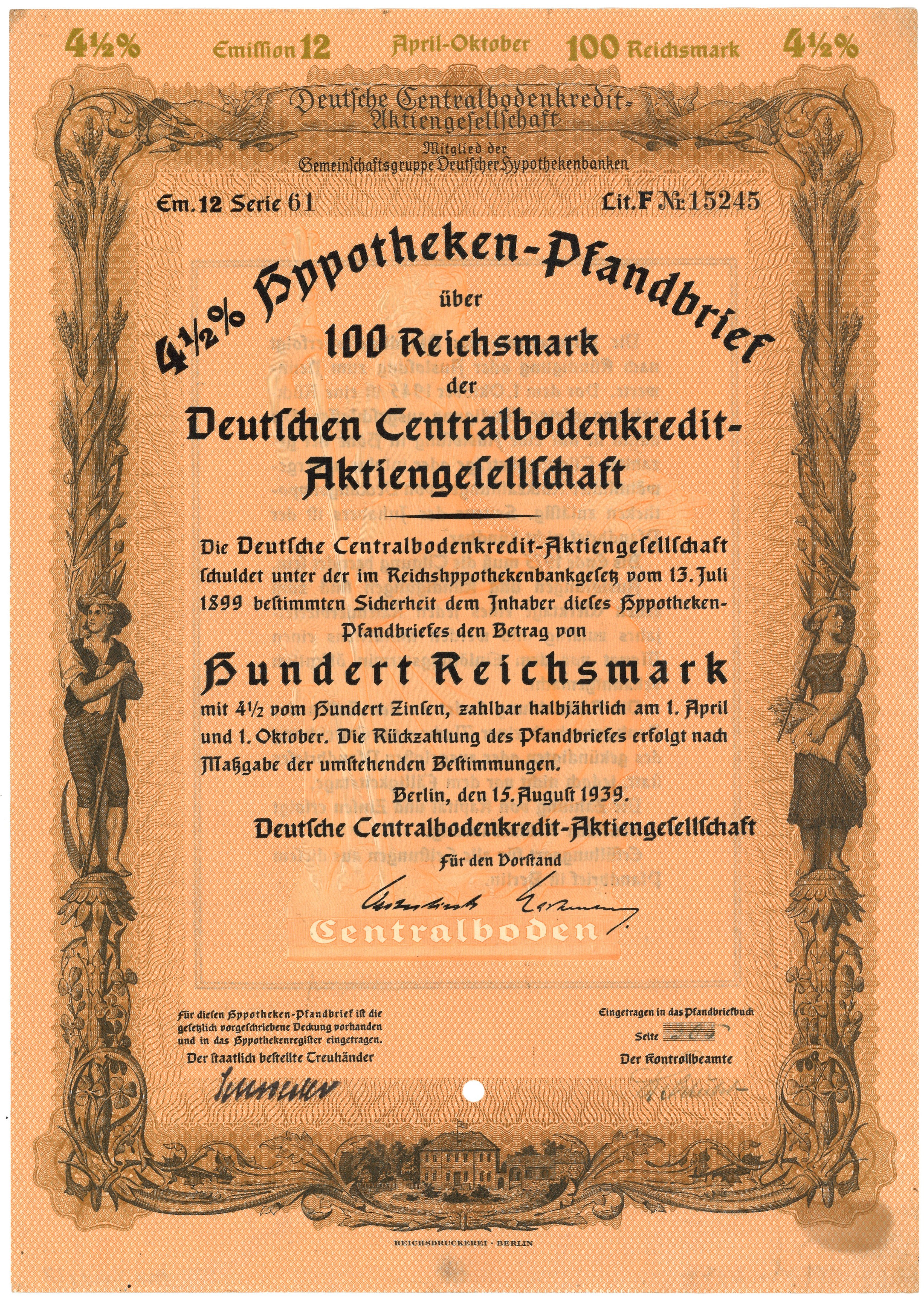 Hypotheken-Pfandbrief der Deutschen Centralbodenkredit-AG in Berlin (1939) (Landesgeschichtliche Vereinigung für die Mark Brandenburg e.V. CC BY)