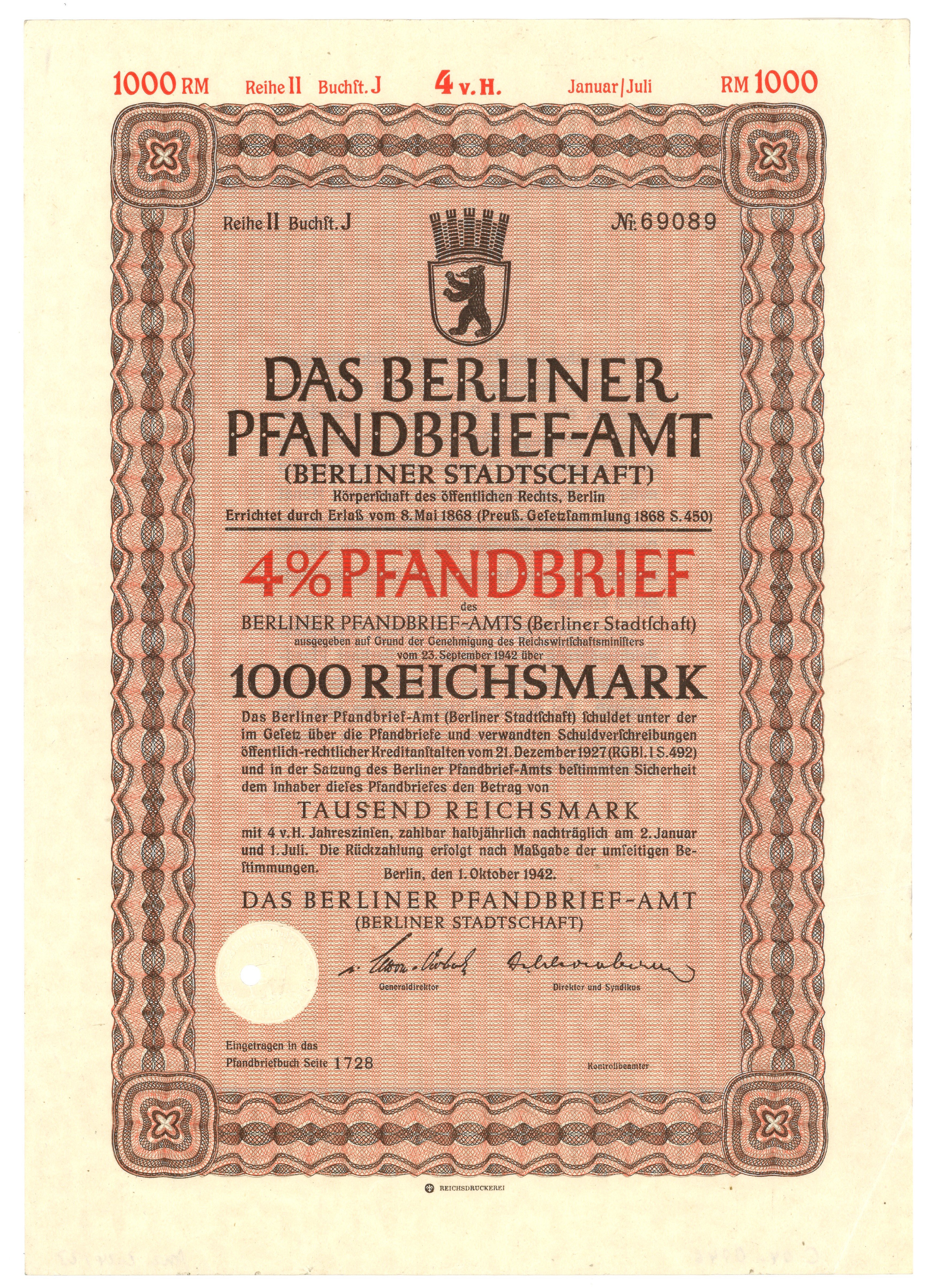 Pfandbrief des Berliner Pfandbrief-Amts (Berliner Stadtschaft) (1942) (Landesgeschichtliche Vereinigung für die Mark Brandenburg e.V. CC BY)