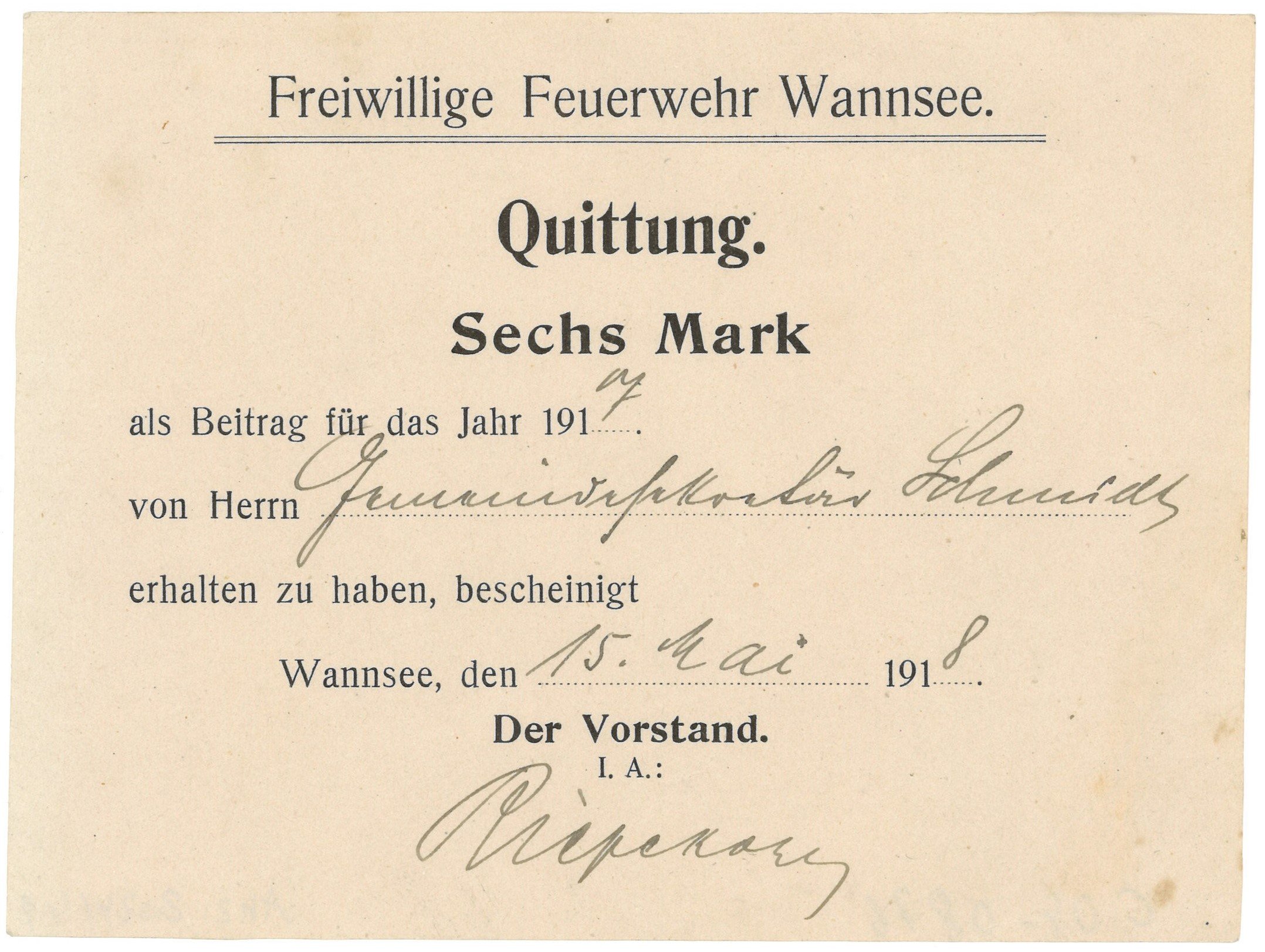 Beitragsquittung der Freiwilligen Feuerwehr Wannsee für Gemeindesekretär Schmidt (1918) (Landesgeschichtliche Vereinigung für die Mark Brandenburg e.V. CC BY)