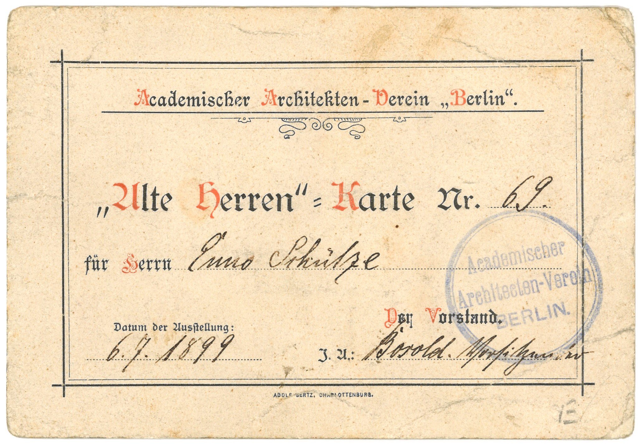„Alte Herren“-Karte des Akademischen Architekten-Vereins „Berlin“ für Enno Schütze (1899) (Landesgeschichtliche Vereinigung für die Mark Brandenburg e.V. CC BY)