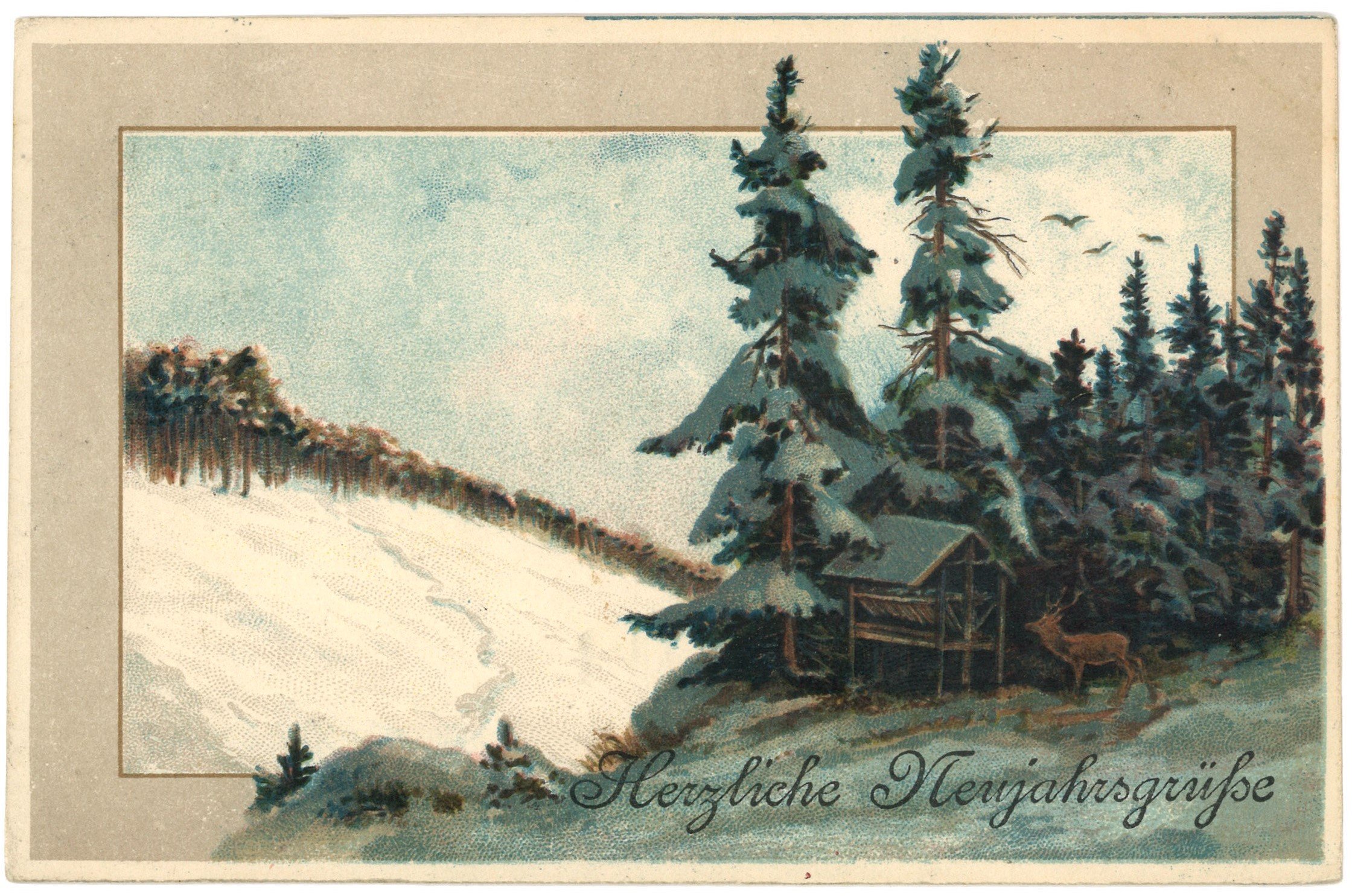 Nekahrsglückwunschkarte mit winterlichem Nadelwaldbild (Landesgeschichtliche Vereinigung für die Mark Brandenburg e.V. CC BY)