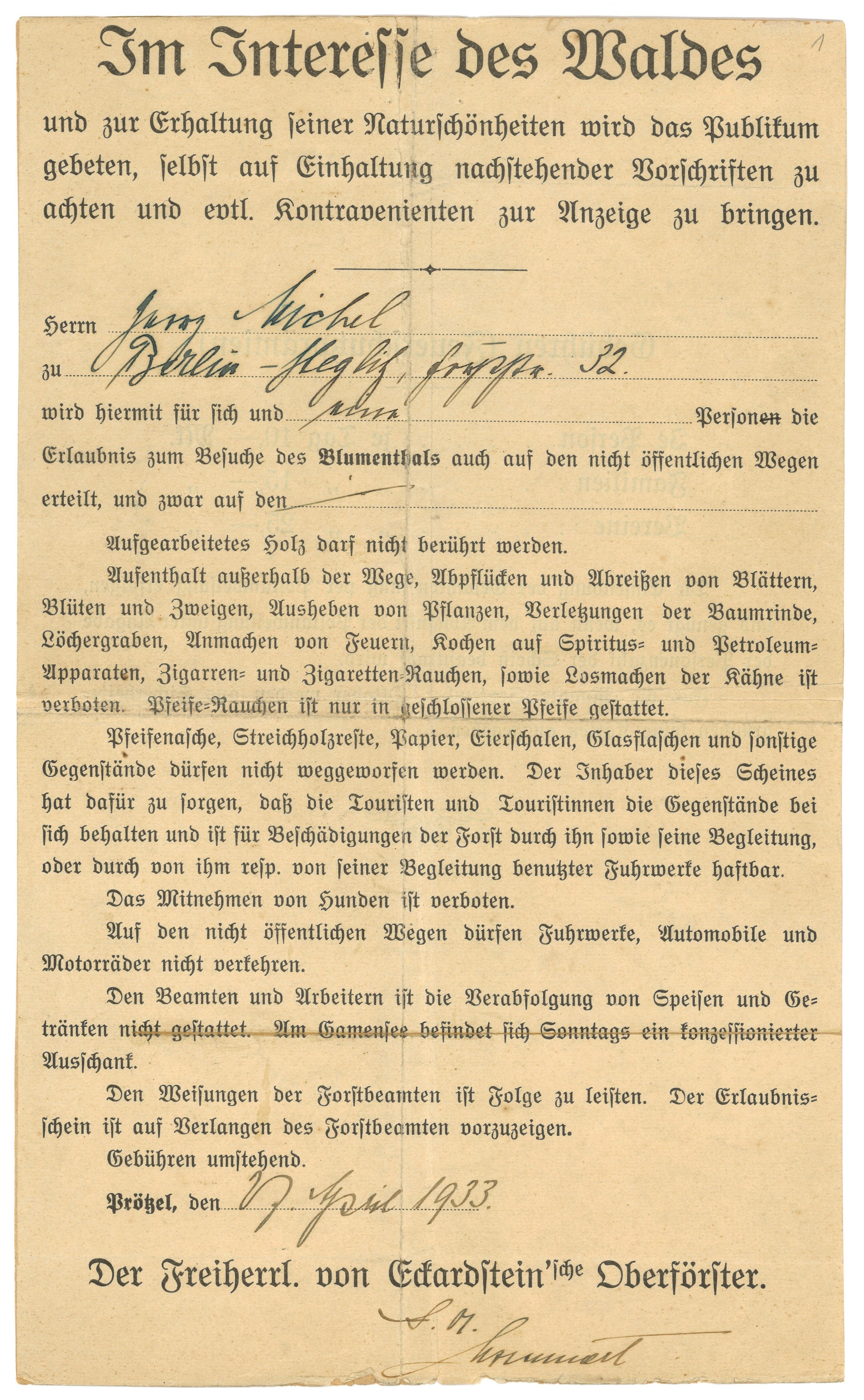 Erlaubnisschein zum Besuch des Blumenthals für Georg Michel 1933 (Landesgeschichtliche Vereinigung für die Mark Brandenburg e.V. CC BY)