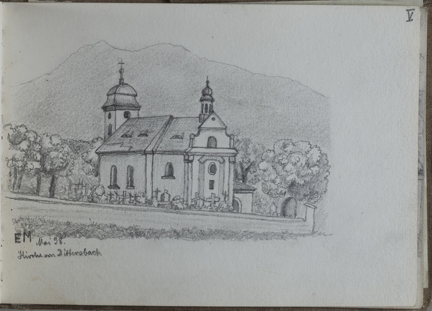 Dittersbach (Böhmische Schweiz): Kirche (Skizzenbuch Ernst Morgenstern, Bl. V) (Landesgeschichtliche Vereinigung für die Mark Brandenburg e.V., Archiv CC BY)