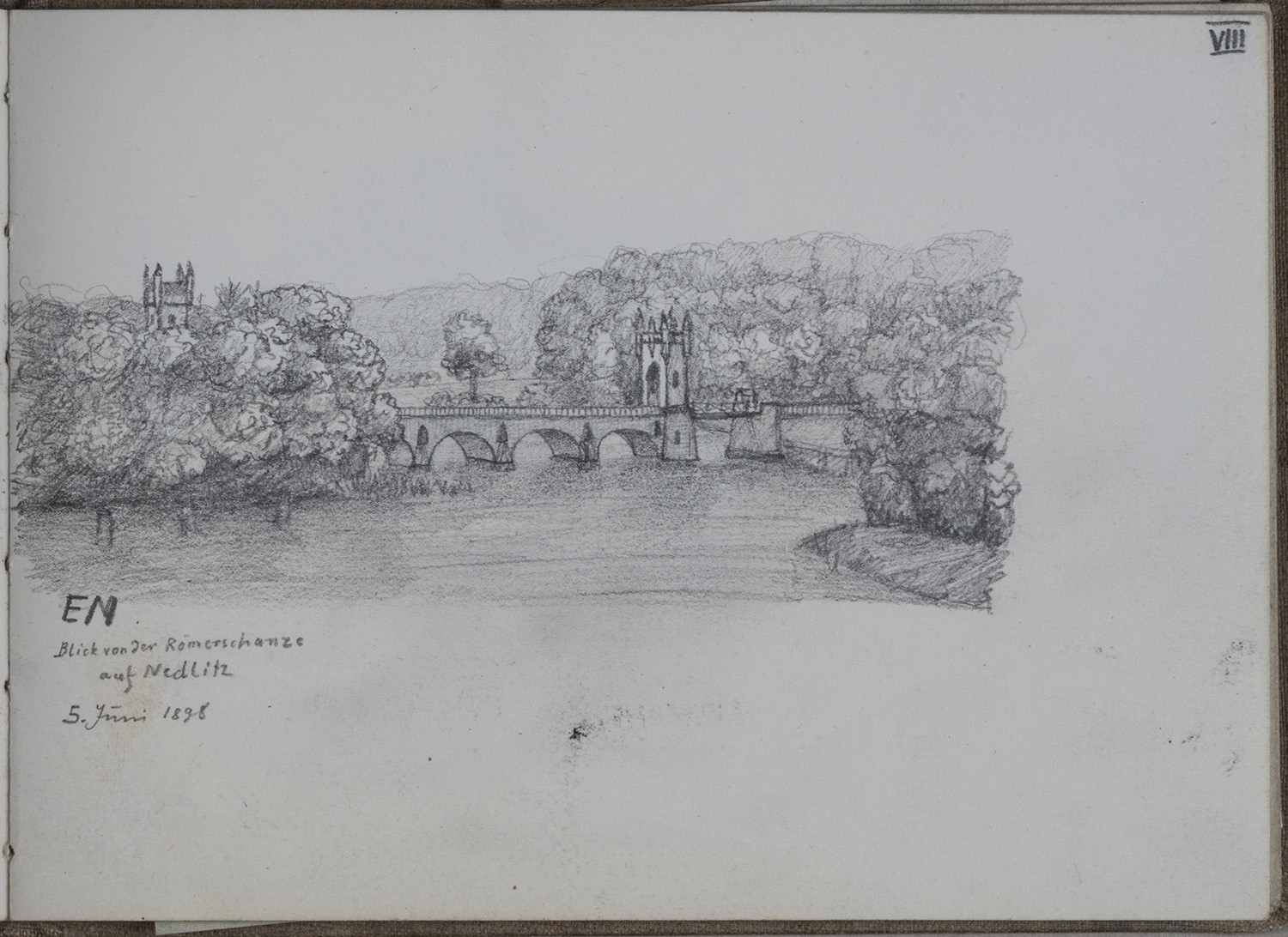 Potsdam-Nedlitz: Nedlitzer Brücke und Fähre (Skizzenbuch Ernst Morgenstern, Bl. VIII) (Landesgeschichtliche Vereinigung für die Mark Brandenburg e.V., Archiv CC BY)