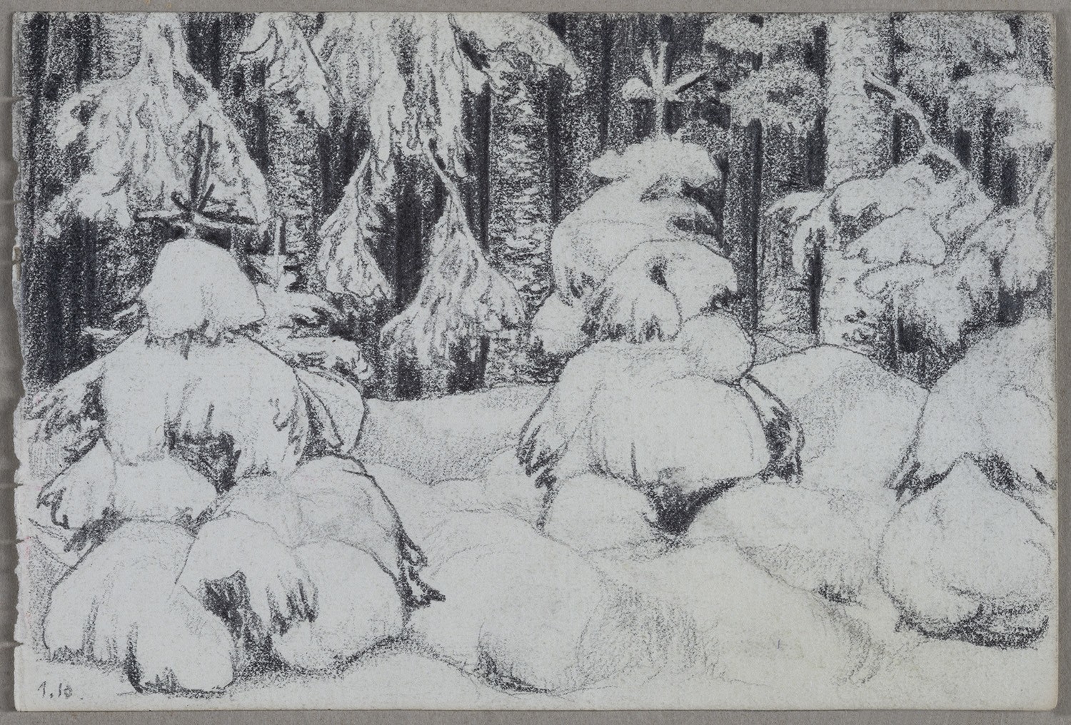 Fichten im tiefen Schnee (Skizzenbuch Ernst Morgenstern, Beilage) (Landesgeschichtliche Vereinigung für die Mark Brandenburg e.V., Archiv CC BY)