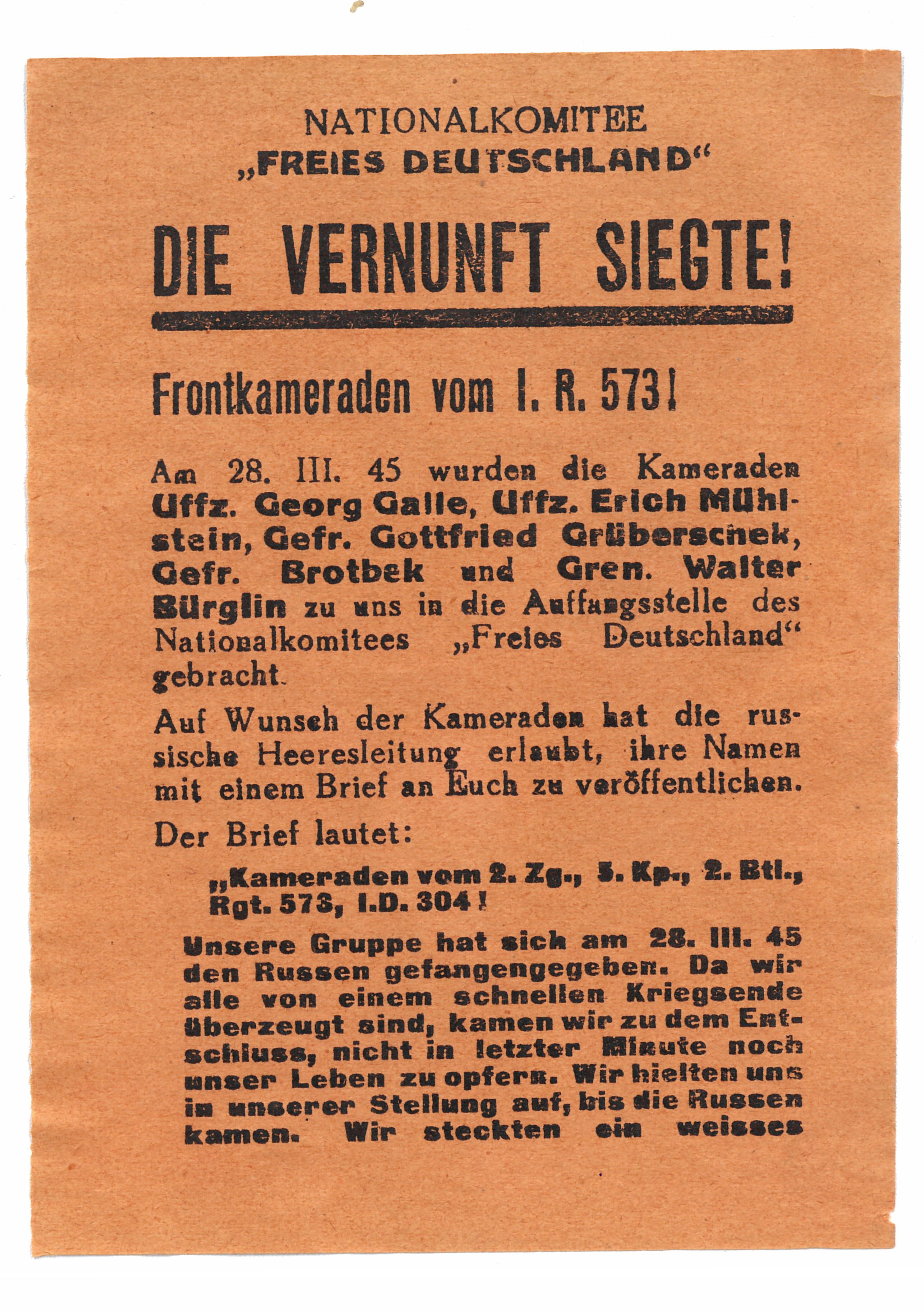 Flugblatt: "Die Vernunft siegte!" (Deutsch-Russisches Museum Berlin-Karlshorst CC BY-NC-SA)