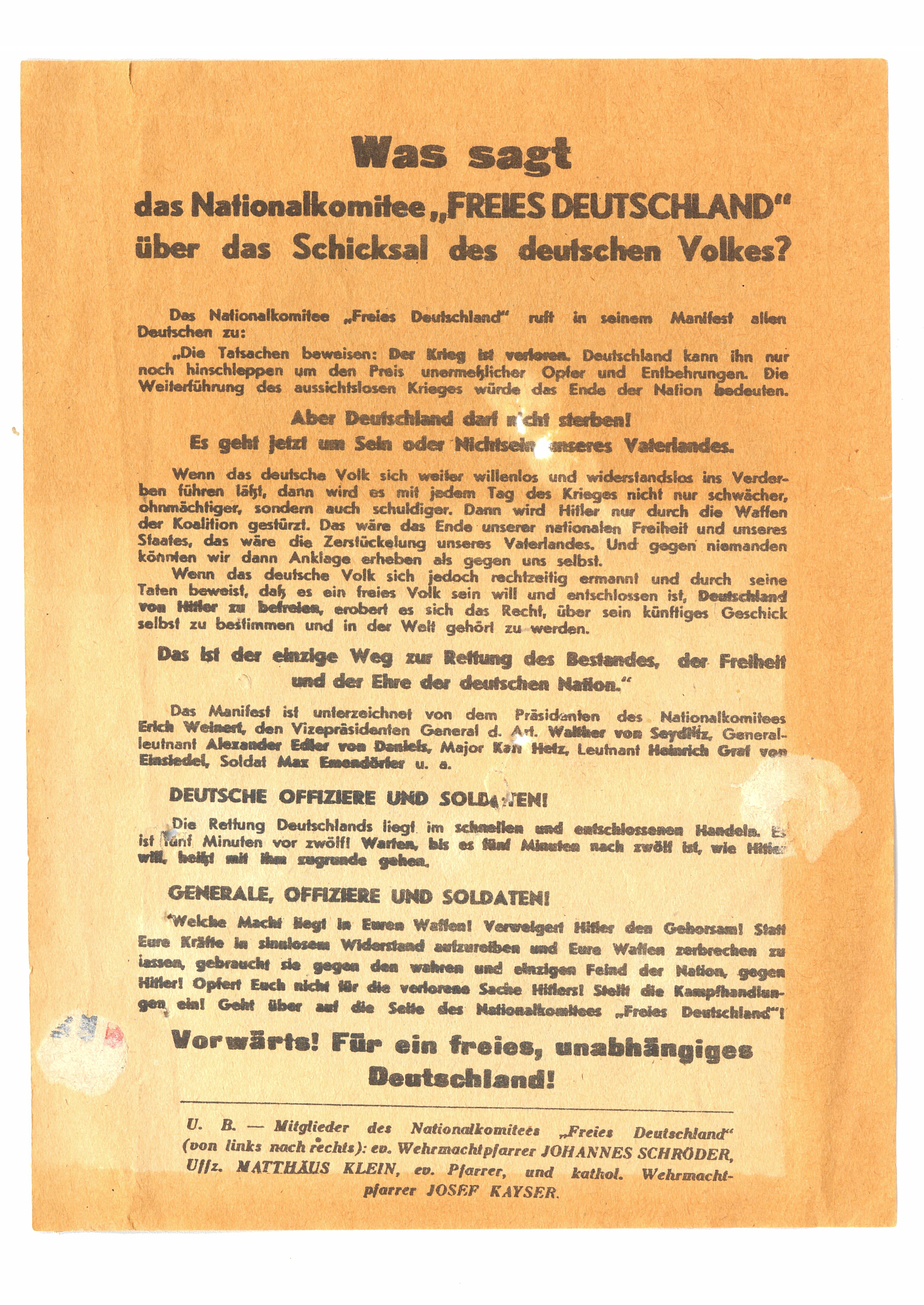 Flugblatt:" Was sagt das Nationalkomitee FREIES DEUTSCHLAND über das Schicksal des deutschen Volkes?" (Deutsch-Russisches Museum Berlin-Karlshorst CC BY-NC-SA)
