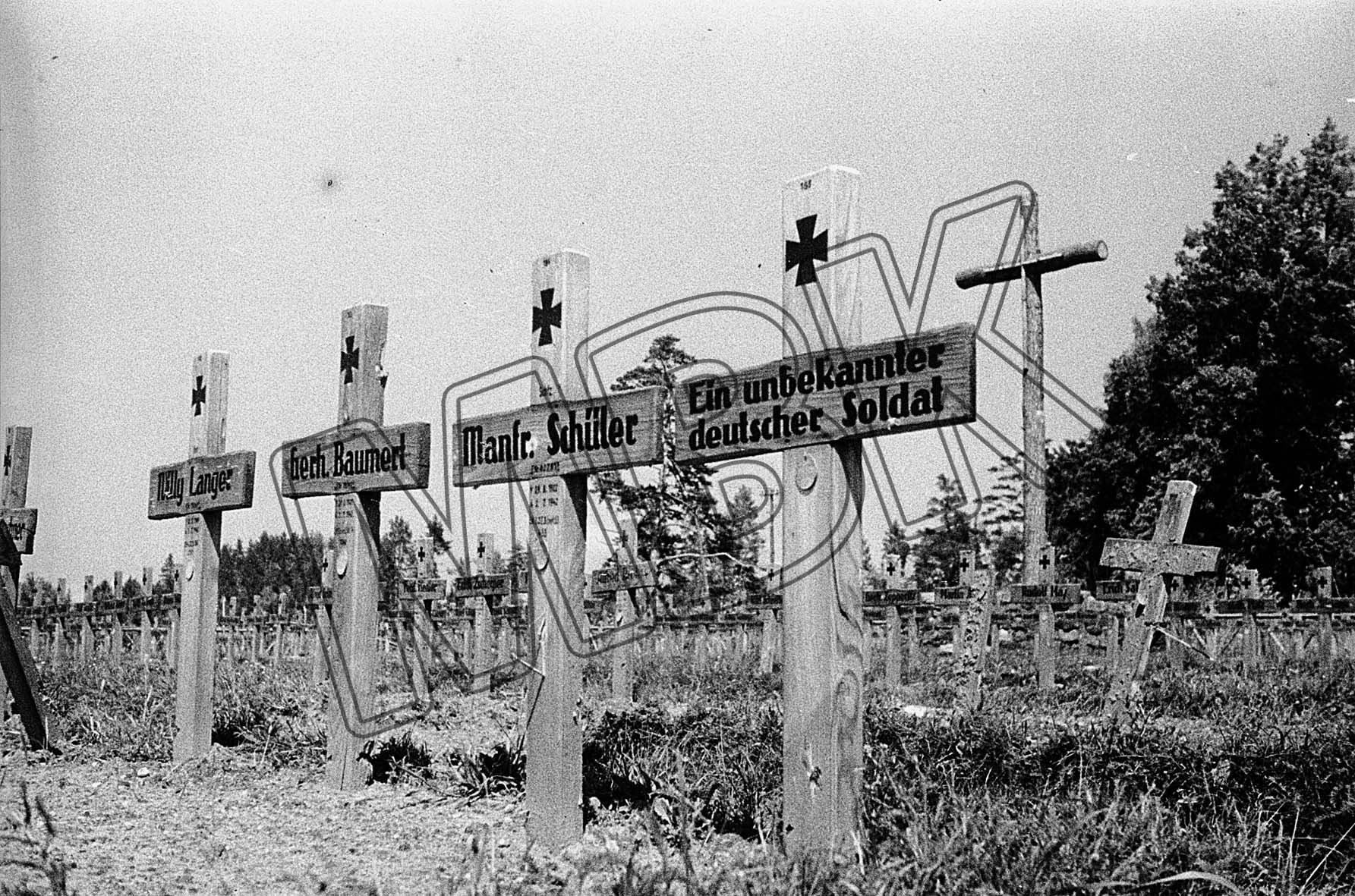 Fotografie: Deutscher Soldatenfriedhof im Dorf Otverščak, Gebiet Orel, 16. Juli 1943 (Museum Berlin-Karlshorst RR-P)