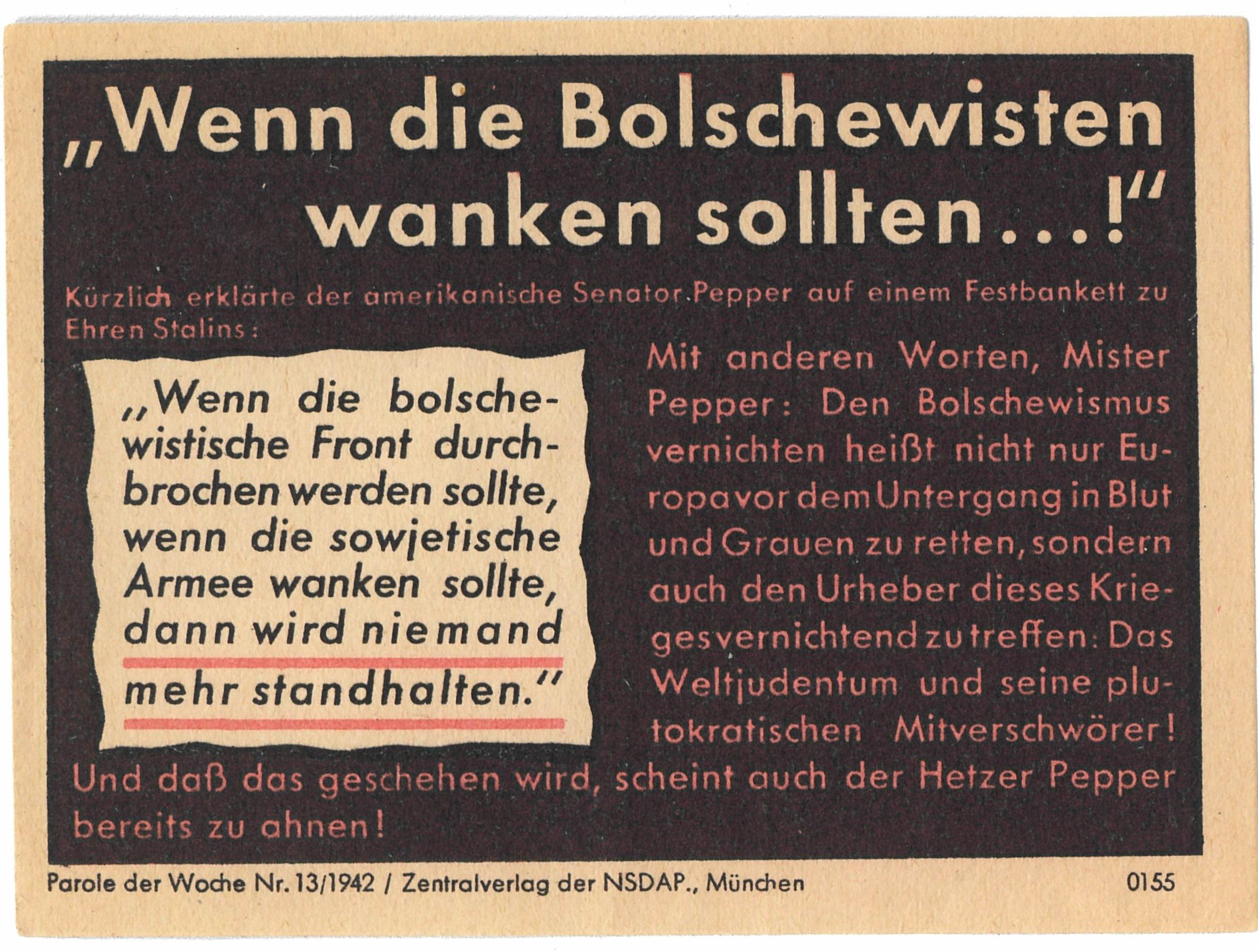 Flugblatt der Parole der Woche, Nr. 13/1942, München, 1942 (Deutsch-Russisches Museum Berlin-Karlshorst CC BY-NC-SA)