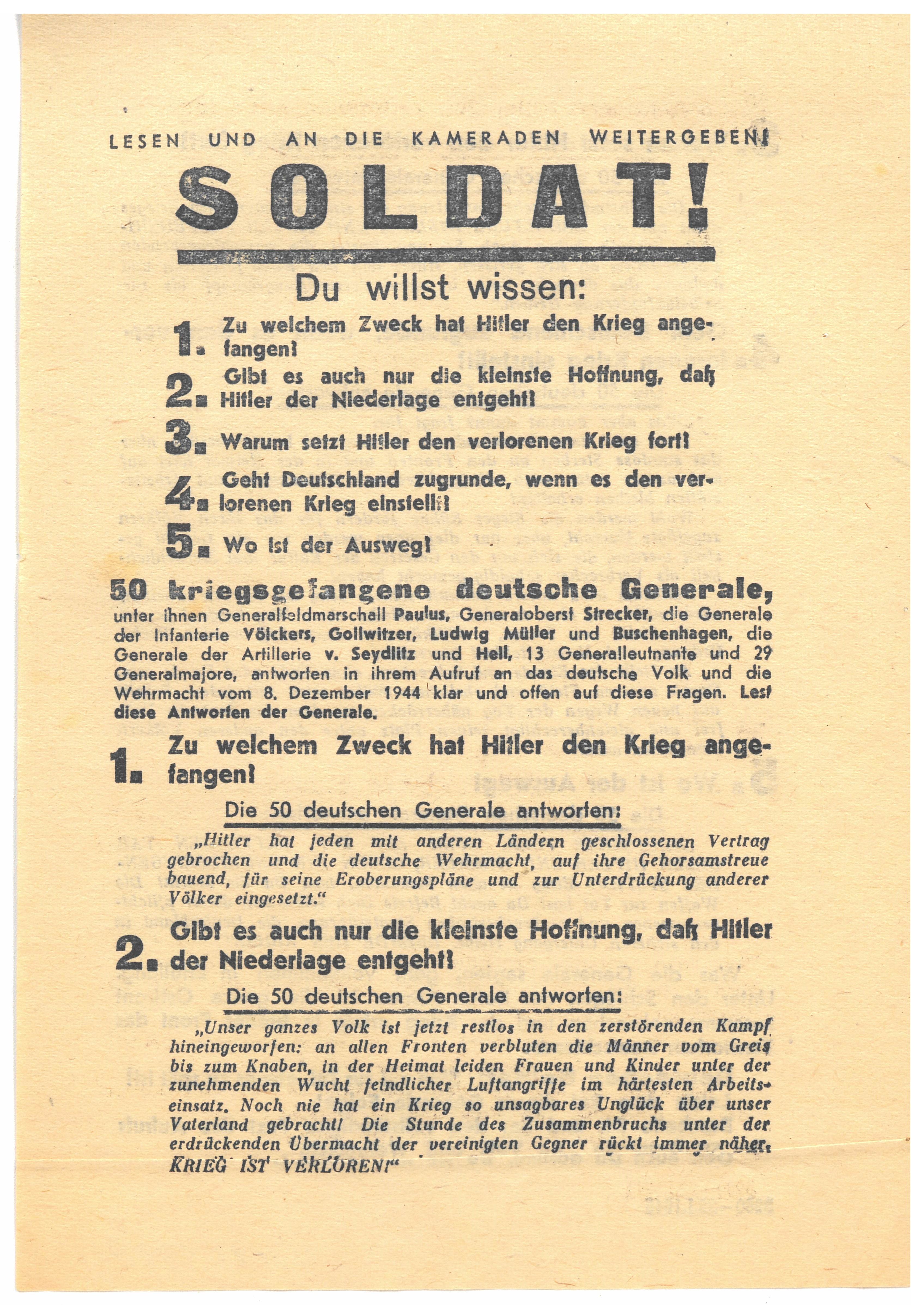 Sowjetisches Flugblatt für die Deutsche Wehrmacht, Moskau, 1945 (Museum Berlin-Karlshorst CC BY-NC-SA)