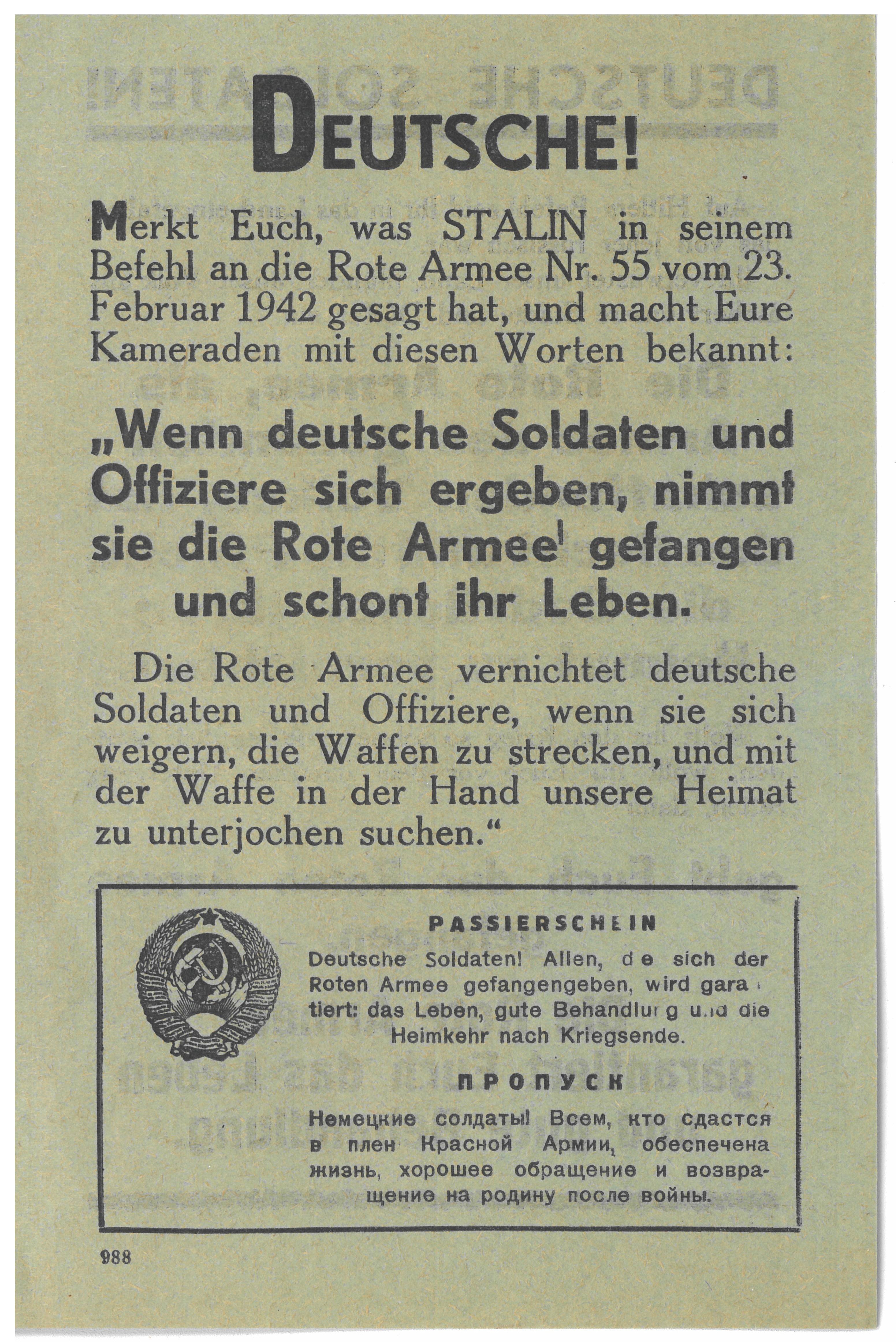 Sowjetisches Flugblatt für die Deutsche Wehrmacht, Moskau, 1942 (Museum Berlin-Karlshorst CC BY-NC-SA)