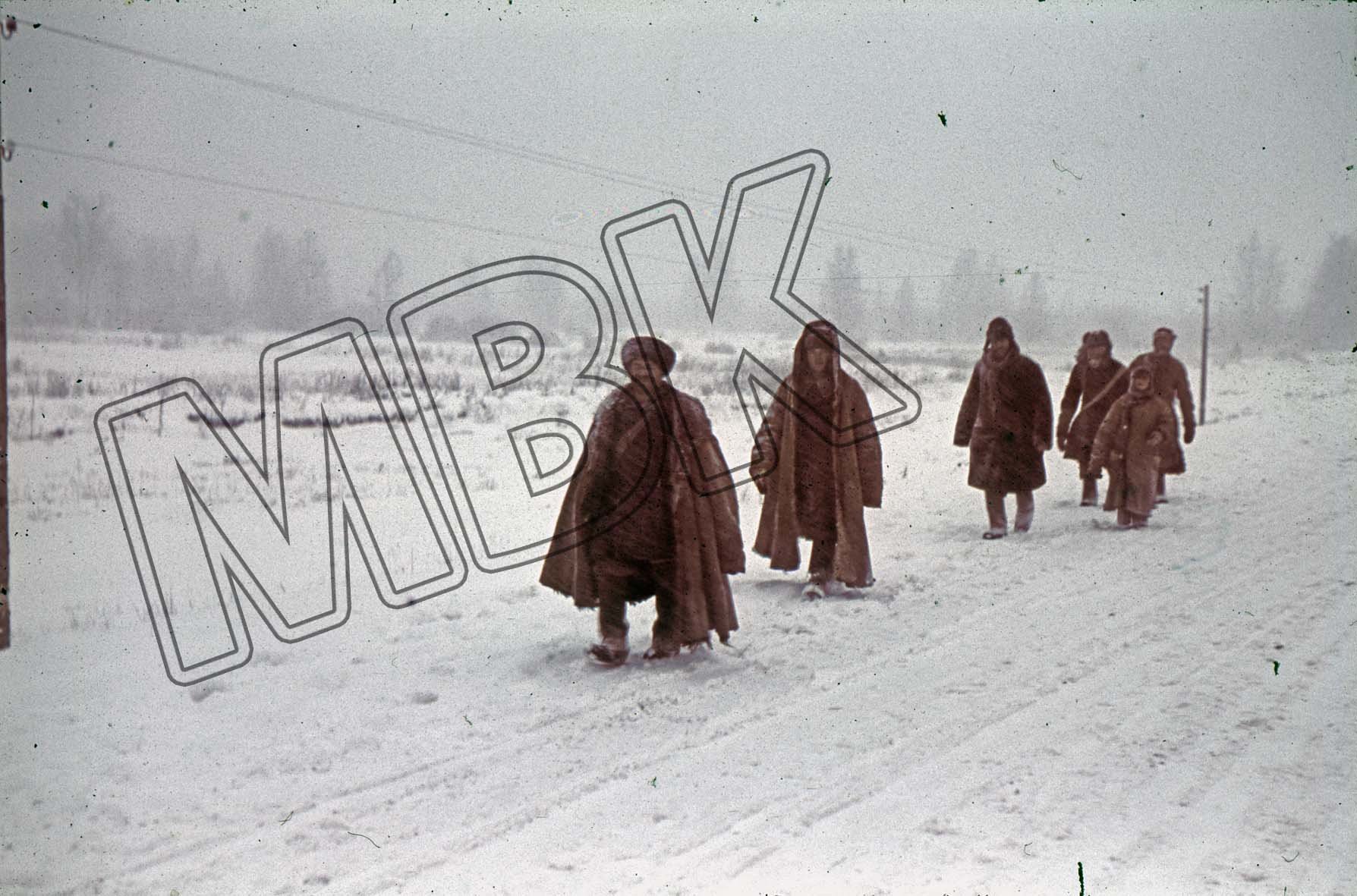 Fotografie: Sechs Männer auf einer Straße bei Gžatsk, Januar 1942 (Museum Berlin-Karlshorst RR-P)