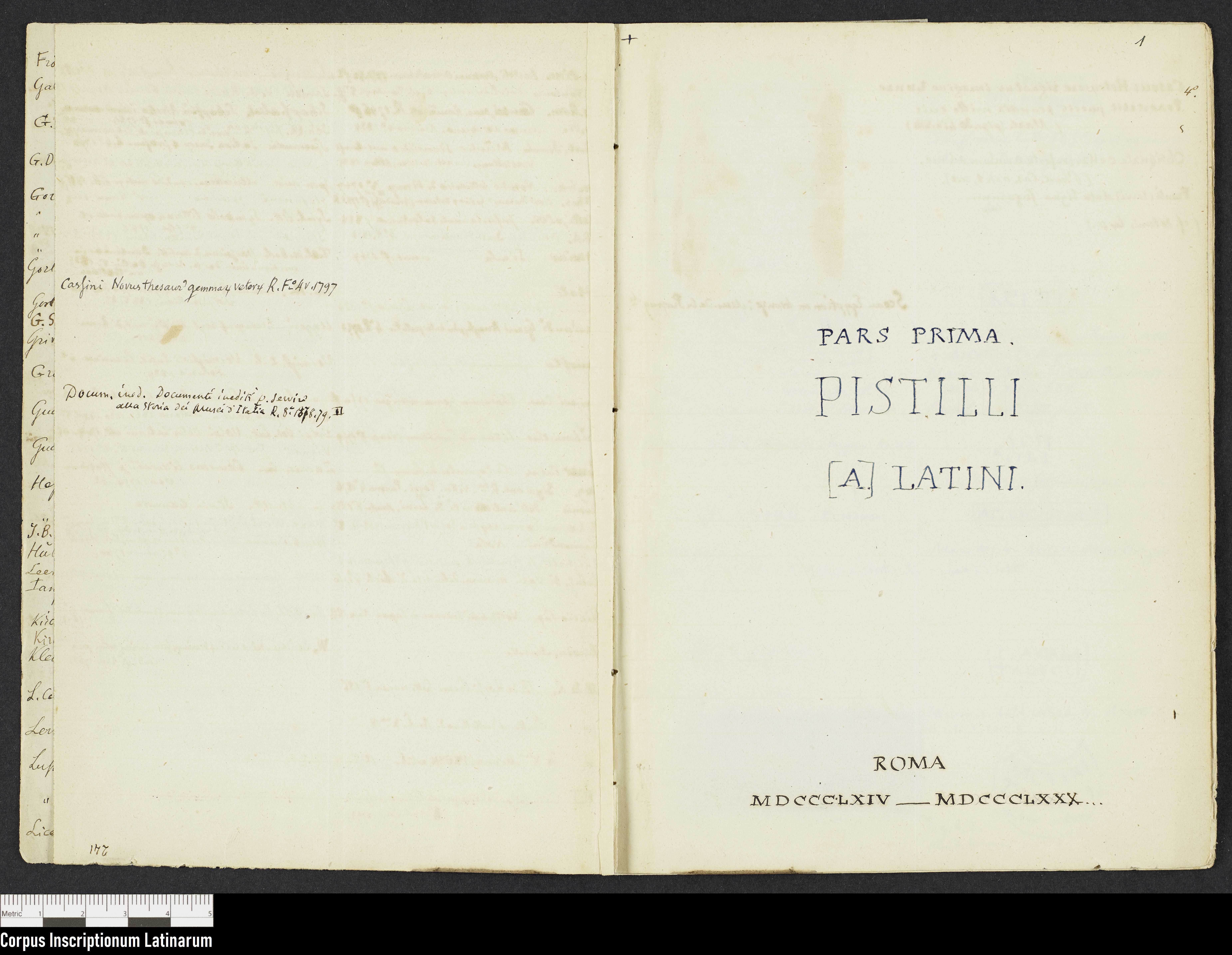 Notizbuch "Signacula" (Charles Descemet), Seiten IV und 1 (Corpus Inscriptionum Latinarum (CIL), Berlin-Brandenburgische Akademie der Wissenschaften (BBAW) Public Domain Mark)