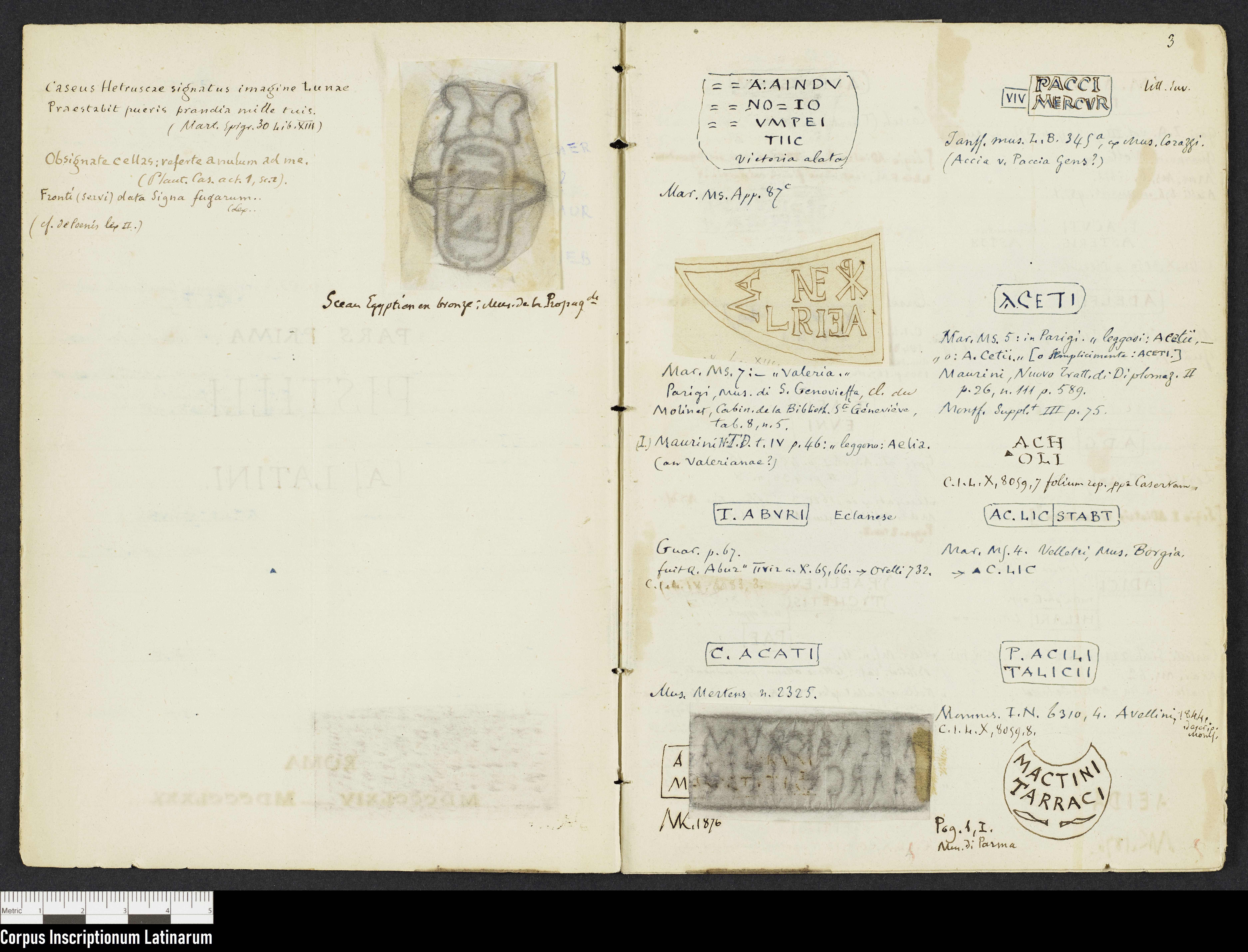 Notizbuch "Signacula" (Charles Descemet), Seiten 2 und 3 (Corpus Inscriptionum Latinarum (CIL), Berlin-Brandenburgische Akademie der Wissenschaften (BBAW) Public Domain Mark)