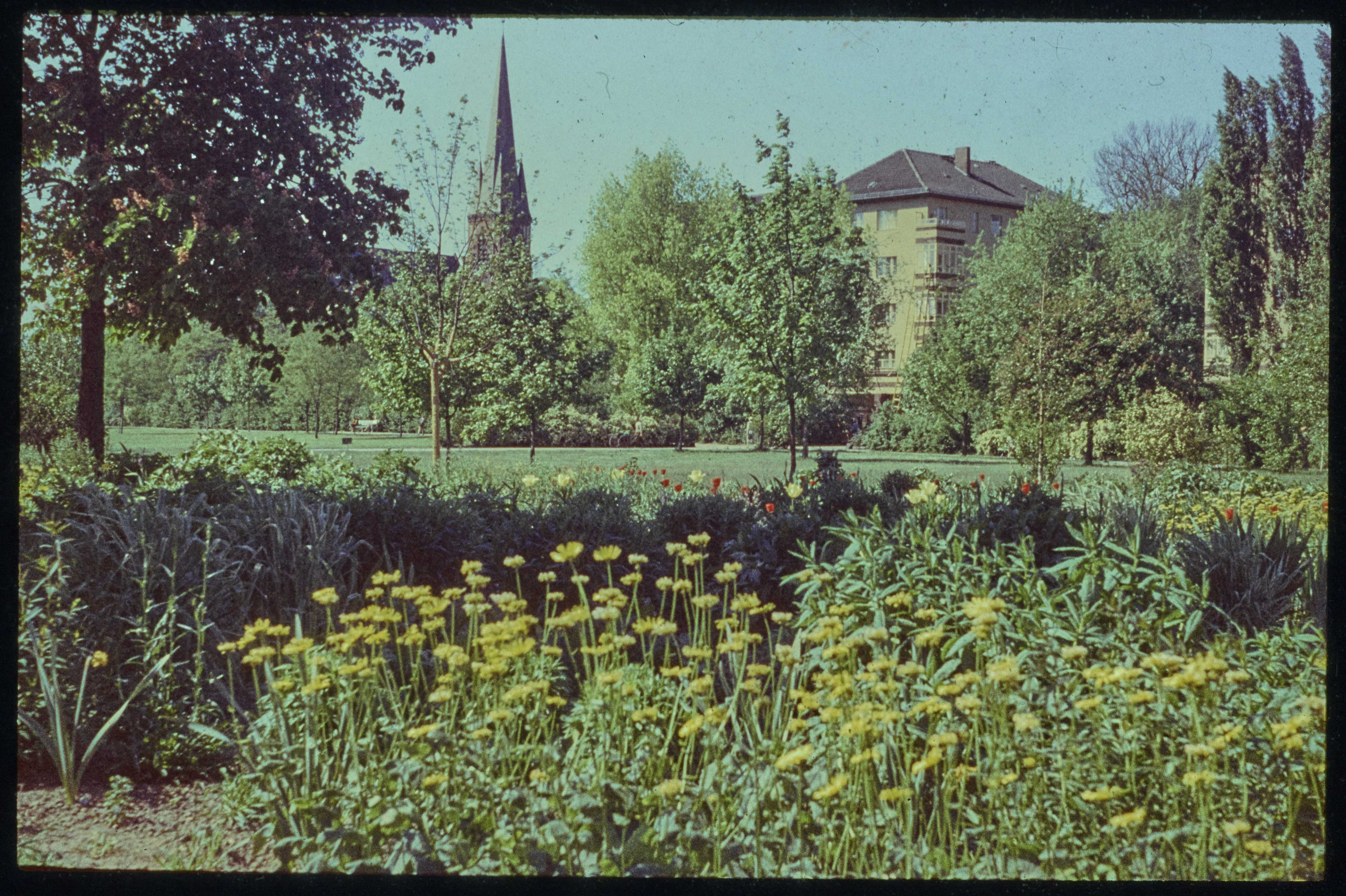Blick aus dem Volkspark Wilmersdorf auf die Auenkirche (Museum Charlottenburg-Wilmersdorf in der Villa Oppenheim CC BY)