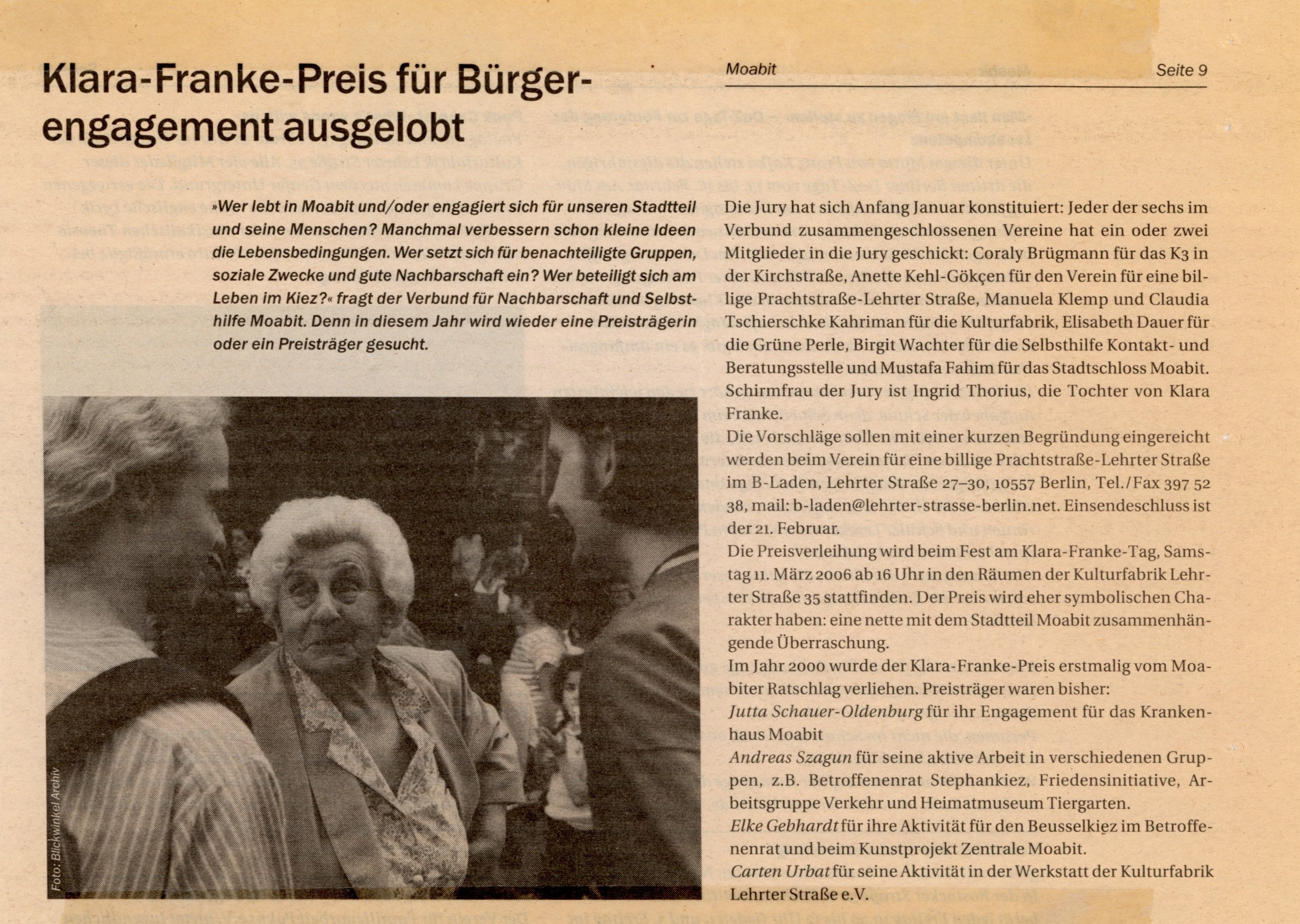 Artikel über die Auslobung des Klara-Franke-Preis (B-Laden CC BY-NC-SA)