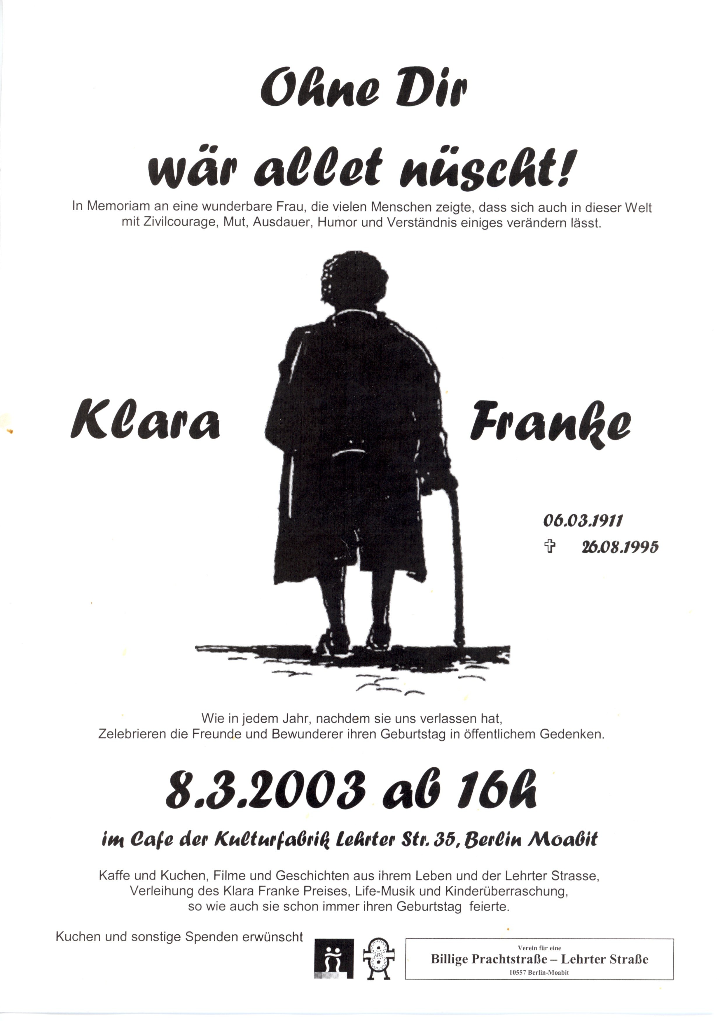 Flyer zum Gedenken an Klara Franke 2003 (B-Laden CC BY-NC-SA)
