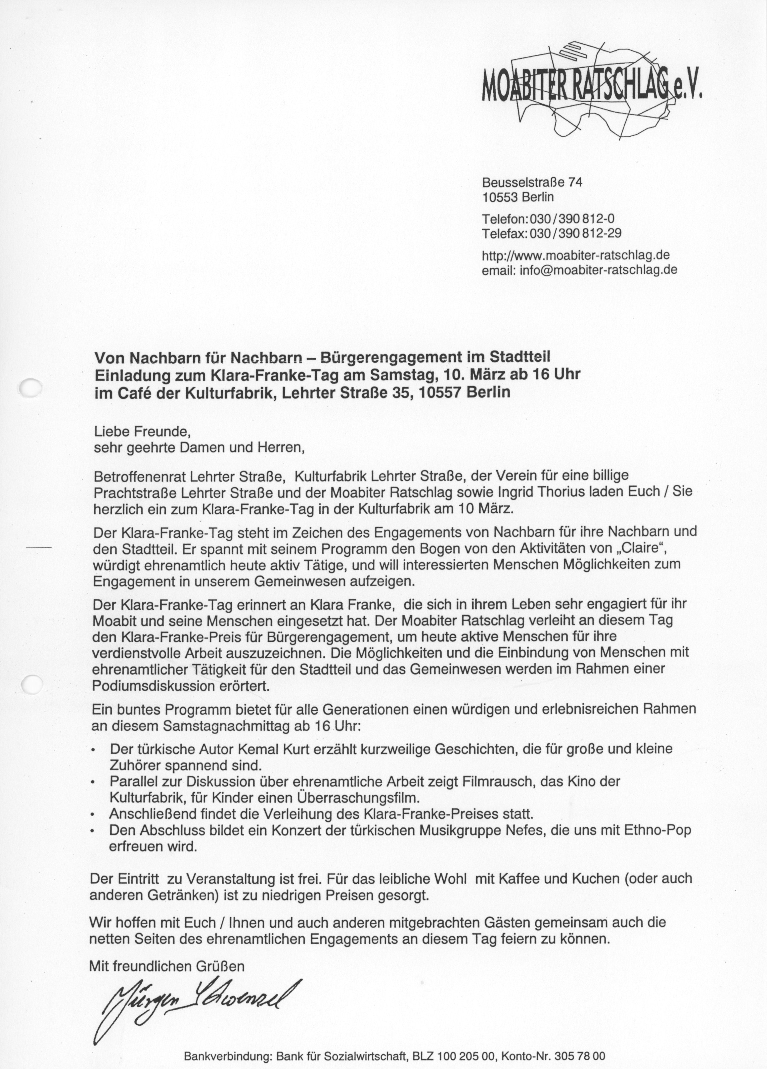 Einladung zur Klara-Franke-Preisverleihung 2001 (B-Laden CC BY-NC-SA)