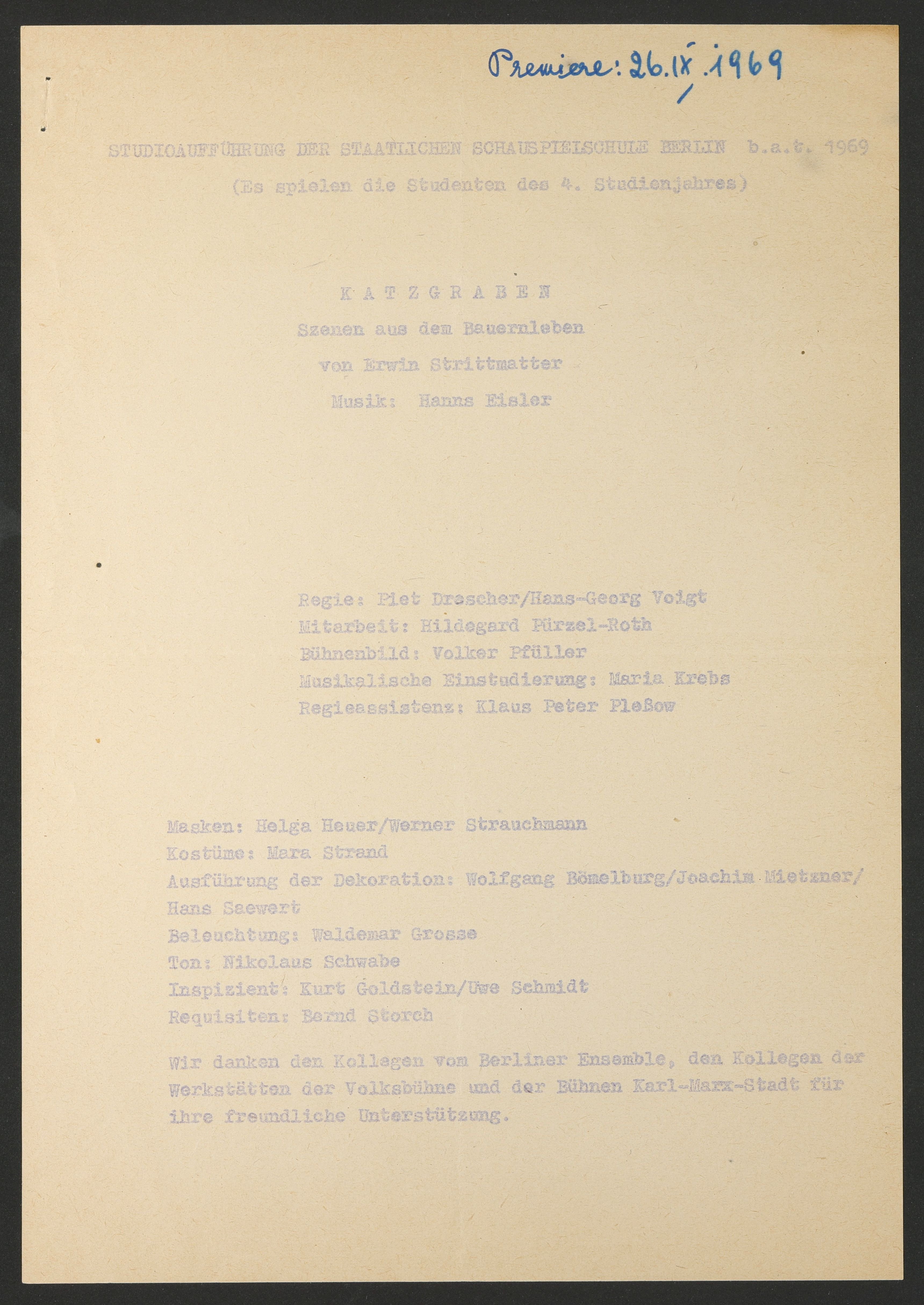 Programmzettelvorlage zu "Katzgraben – Szenen aus dem Bauernleben" am bat-Studiotheater 1969 (Hochschule für Schauspielkunst Ernst Busch Berlin RR-F)