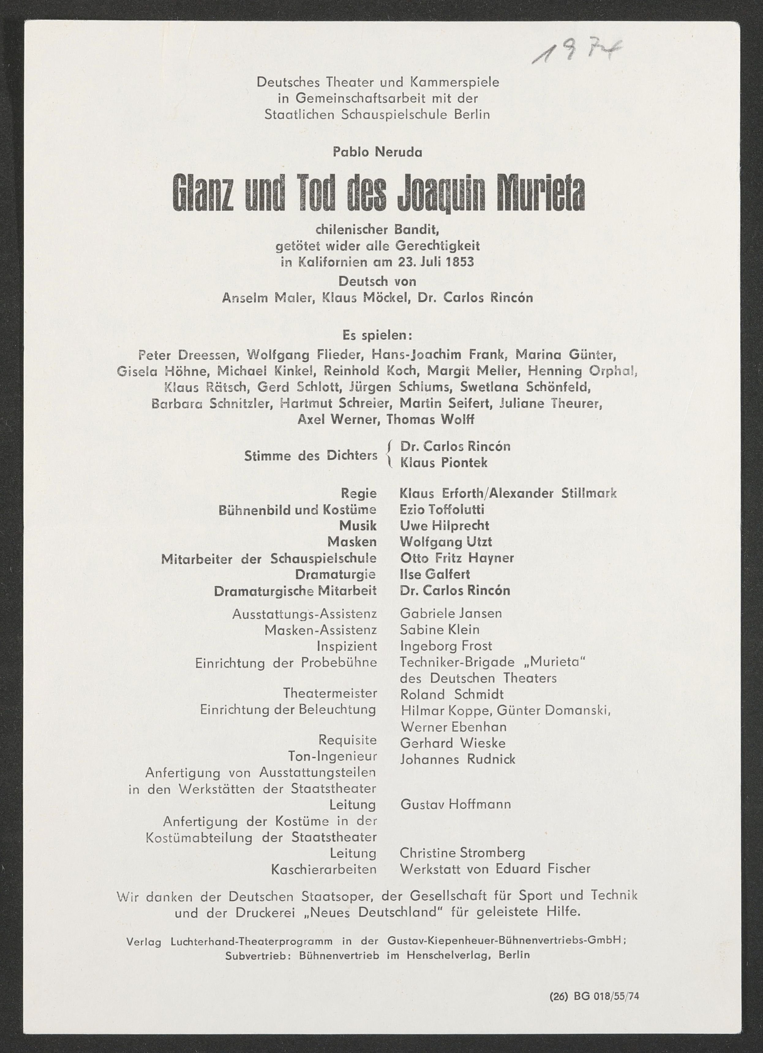 Programmzettel zu "Glanz und Tod des Joaquin Murieta" an der Probebühne des Deutschen Theaters 1974 (Hochschule für Schauspielkunst Ernst Busch Berlin RR-F)