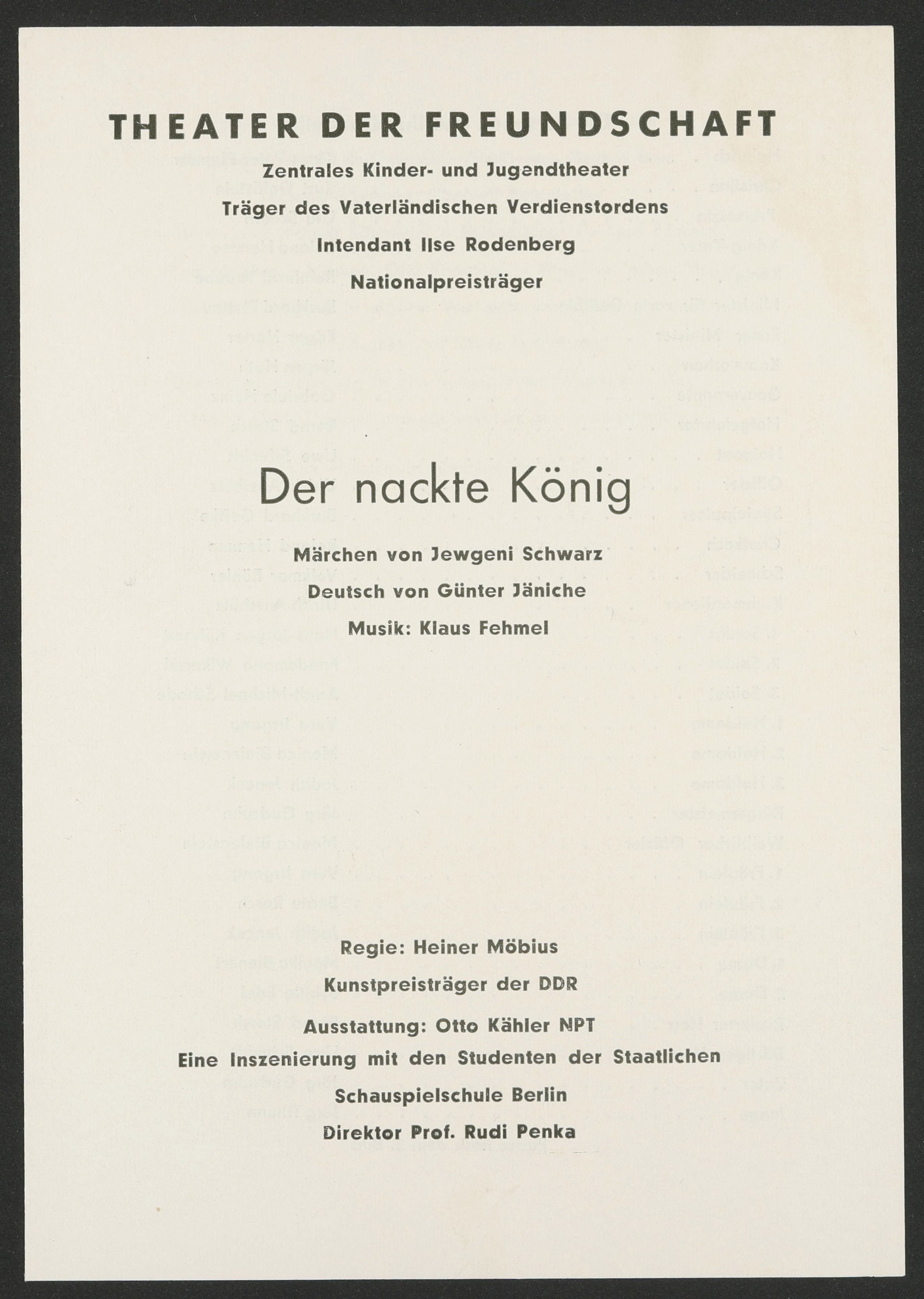 Programmheft zu "Der nackte König" am Theater der Freundschaft 1970 (Hochschule für Schauspielkunst Ernst Busch Berlin RR-F)