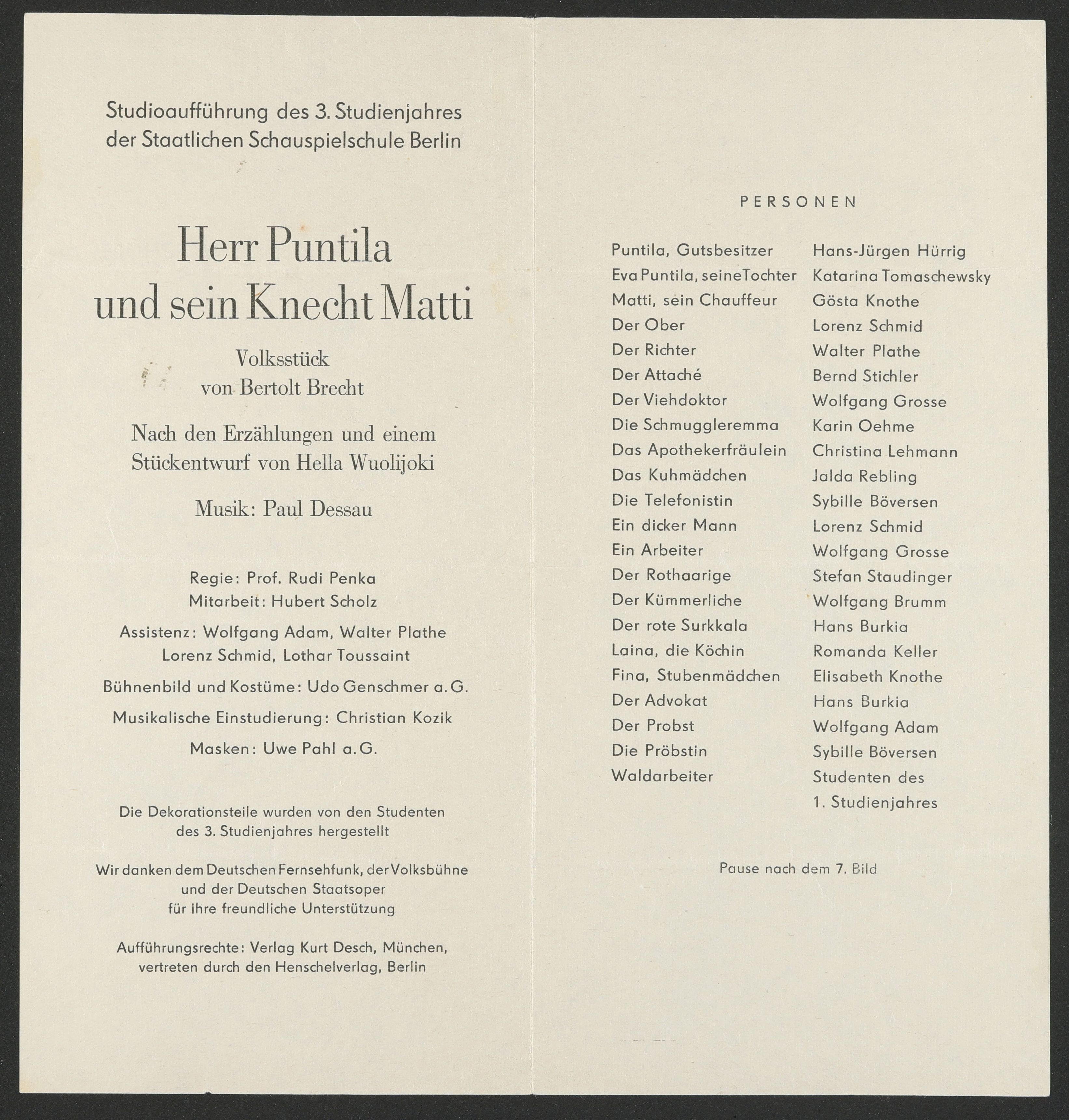 Programmheft zu "Herr Puntila und sein Knecht Matti" am bat-Studiotheater 1972 (Hochschule für Schauspielkunst Ernst Busch Berlin RR-F)
