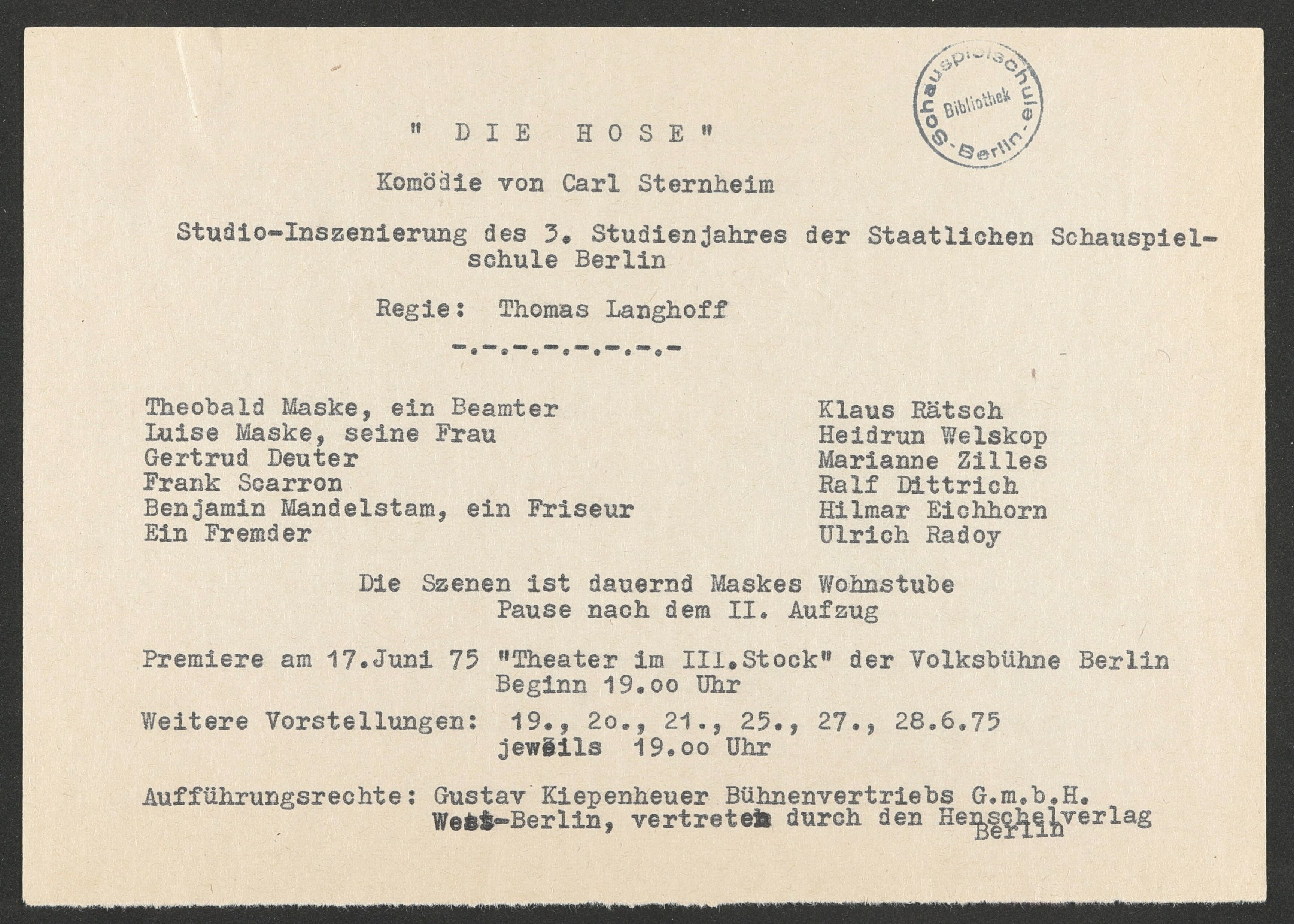 Programmzettelvorlage zu "Die Hose" am "Theater im III. Stock" der Volksbühne Berlin 1975 (Hochschule für Schauspielkunst Ernst Busch Berlin RR-F)