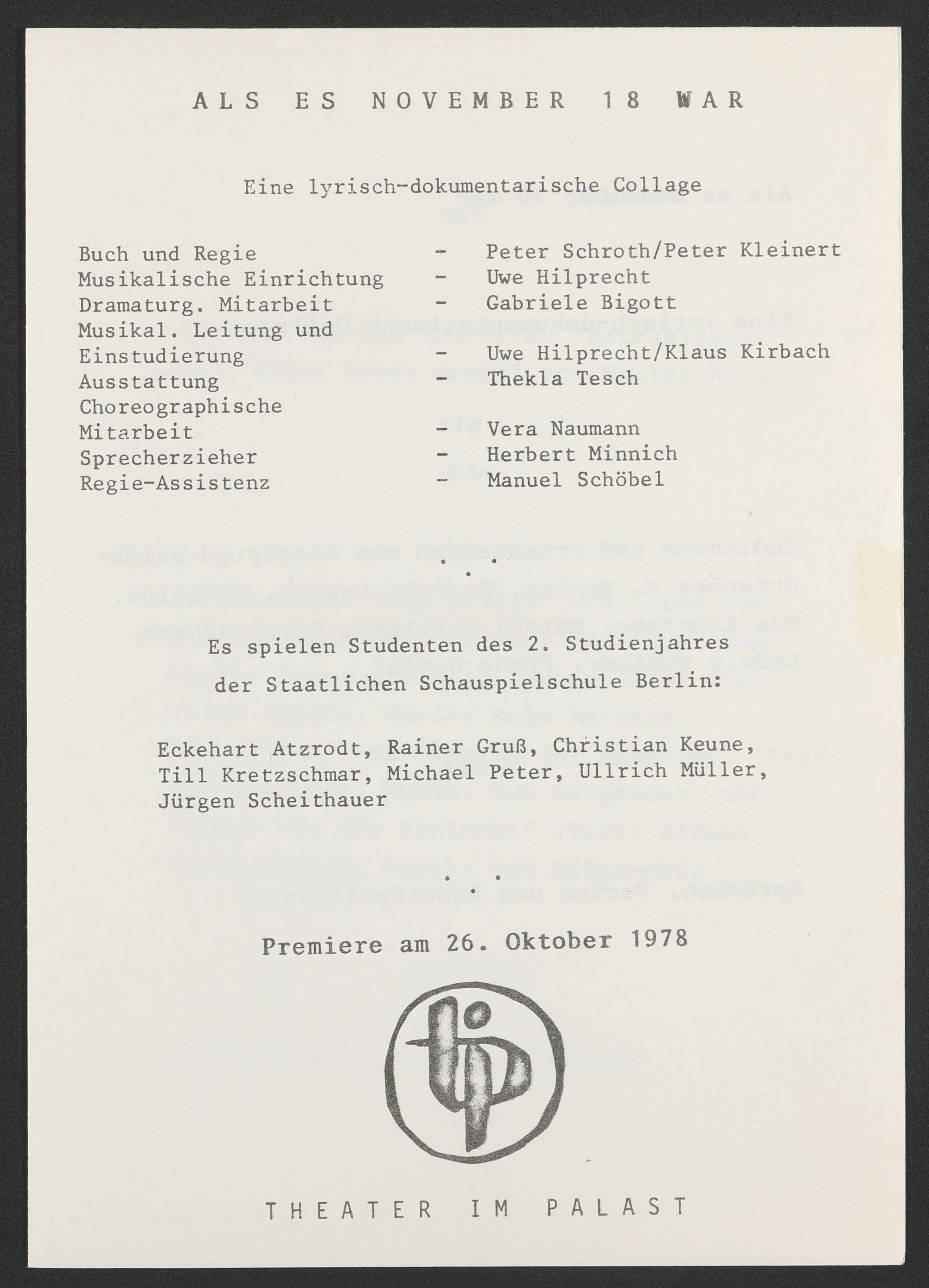 Programmheft zu "Als es November 18 war" am Theater im Palast 1978 (Hochschule für Schauspielkunst Ernst Busch Berlin RR-F)