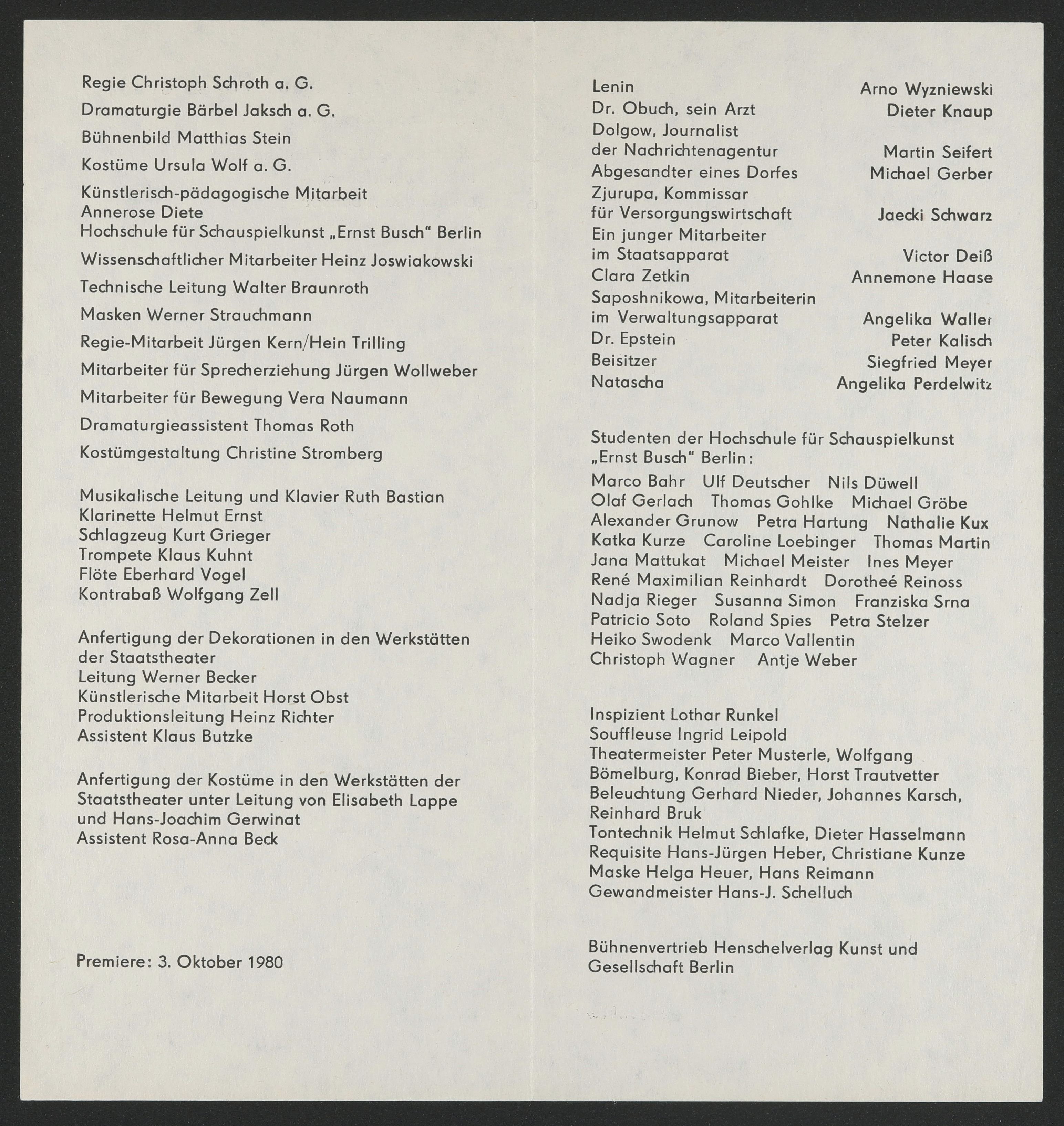 Programmheft zu "Blaue Pferde auf rotem Gras" am Berliner Ensemble 1989 (Hochschule für Schauspielkunst Ernst Busch Berlin RR-F)