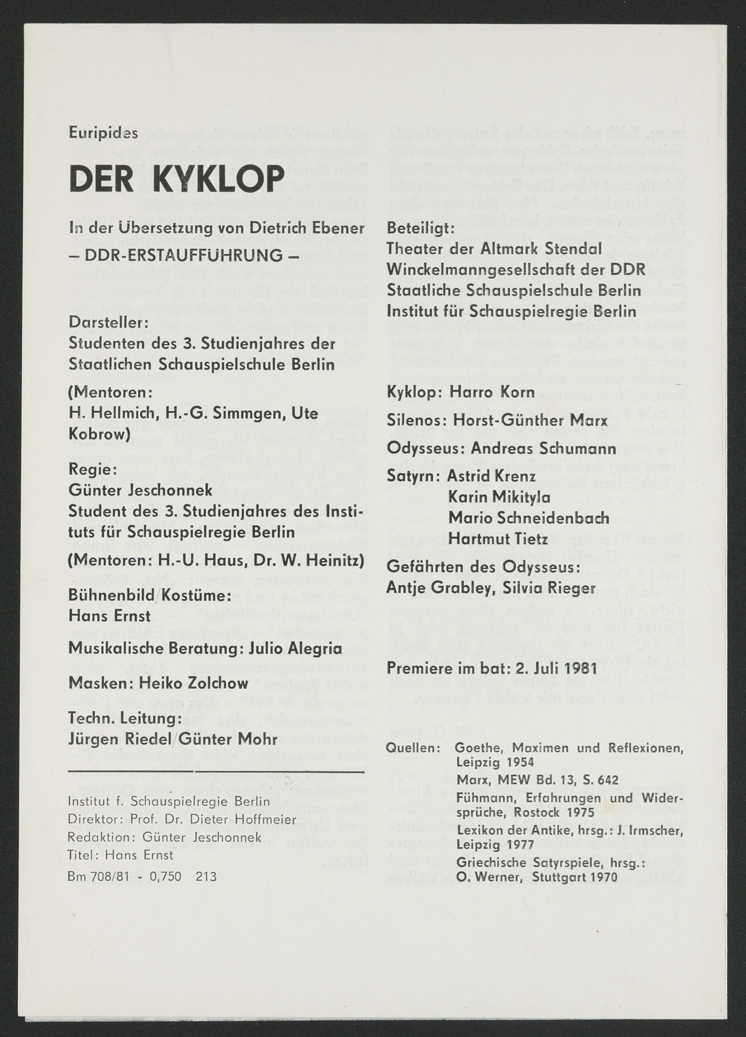 Programmheft zu "Der Kyklop" am bat-Studiotheater 1981 (Hochschule für Schauspielkunst Ernst Busch Berlin RR-F)