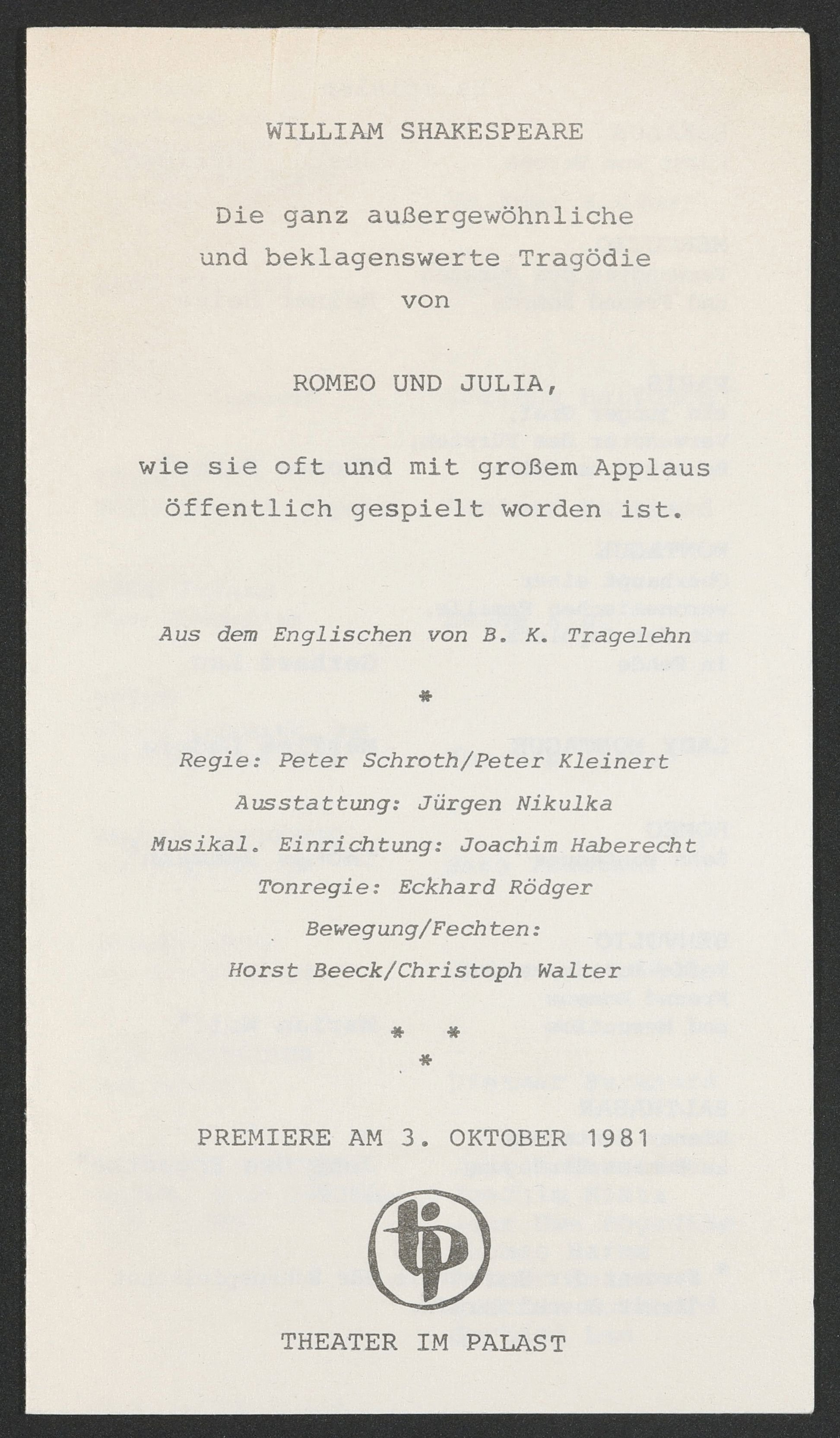 Programmheft zu "Romeo und Julia" am Theater im Palast 1981 (Hochschule für Schauspielkunst Ernst Busch Berlin RR-F)