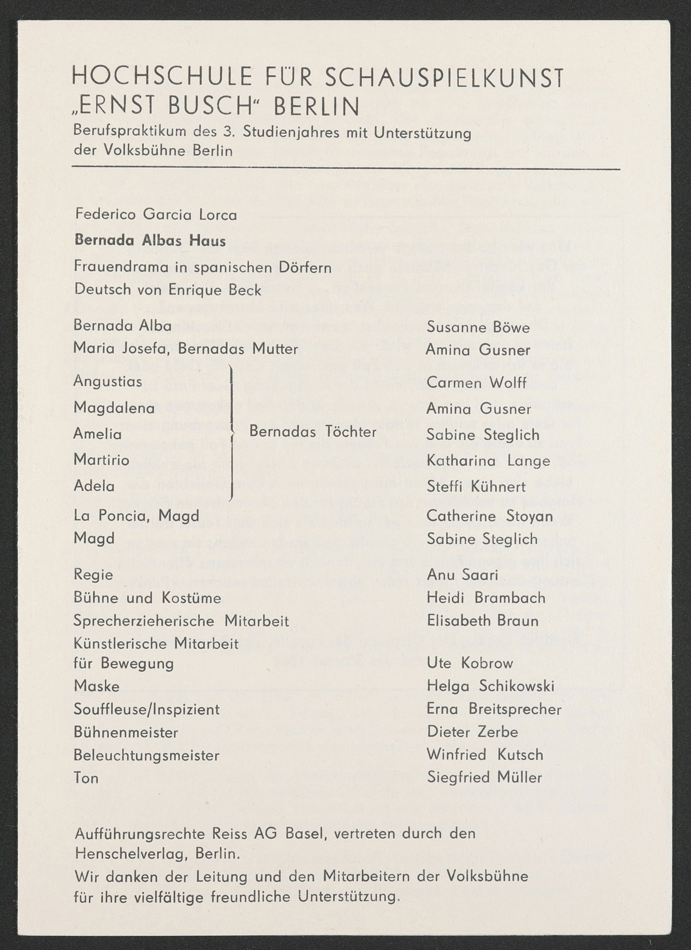 Programmheft zu "Bernarda Albas Haus – Frauendrama in spanischen Dörfern" an der Volksbühne 1984 (Hochschule für Schauspielkunst Ernst Busch Berlin RR-F)