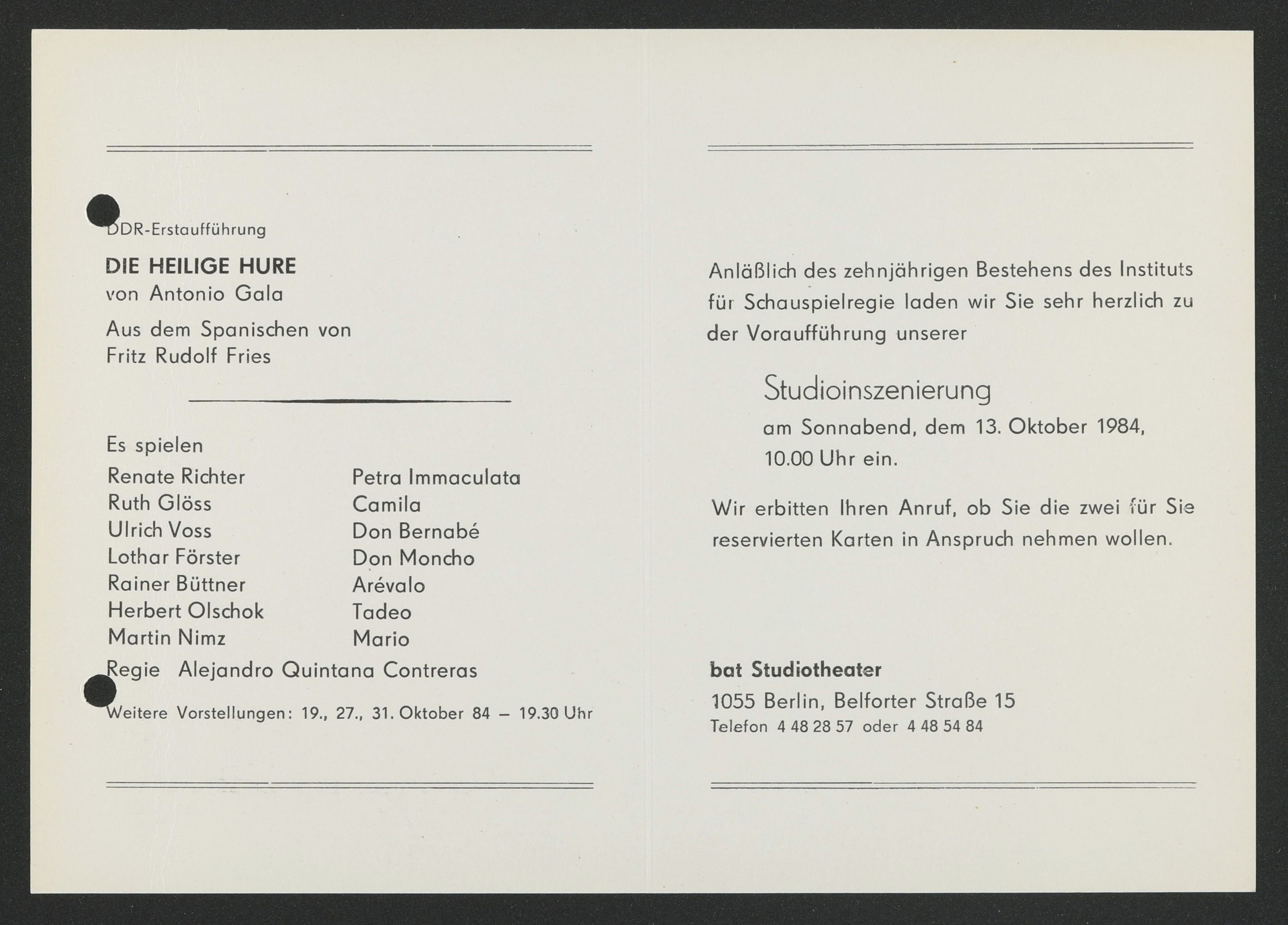 Einladung zu "Die heilige Hure" am bat-Studiotheater 1984 (Hochschule für Schauspielkunst Ernst Busch Berlin RR-F)