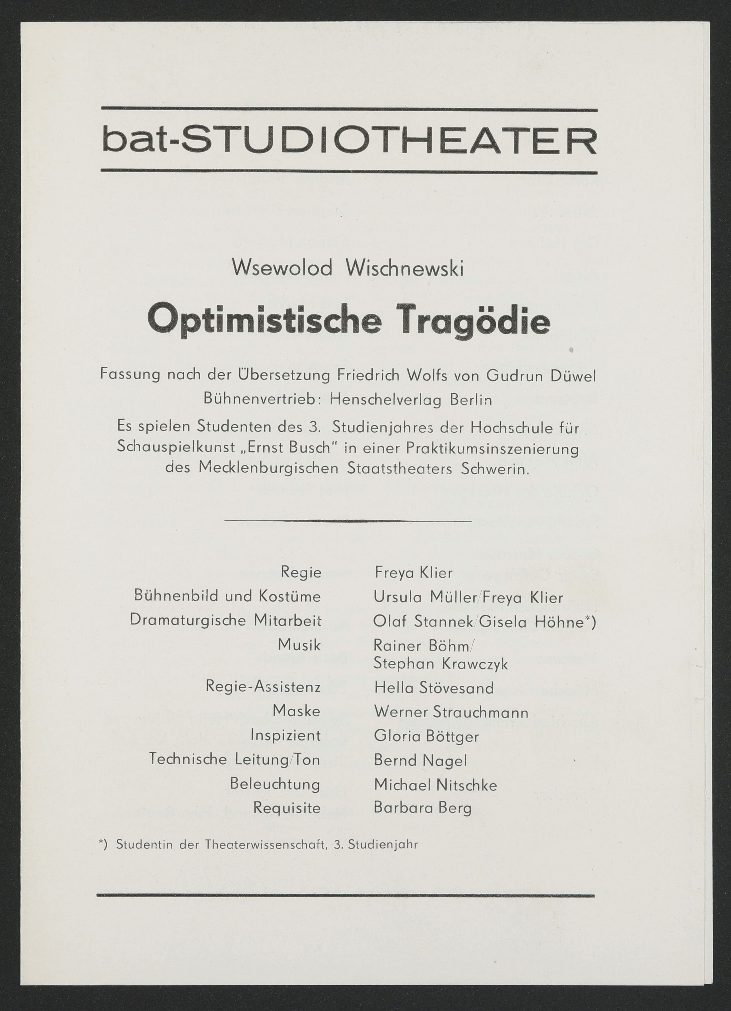 Programmheft zu "Optimistische Tragödie" am bat-Studiotheater 1985 (R: Freya Klier, Version 1) (Hochschule für Schauspielkunst Ernst Busch Berlin RR-F)