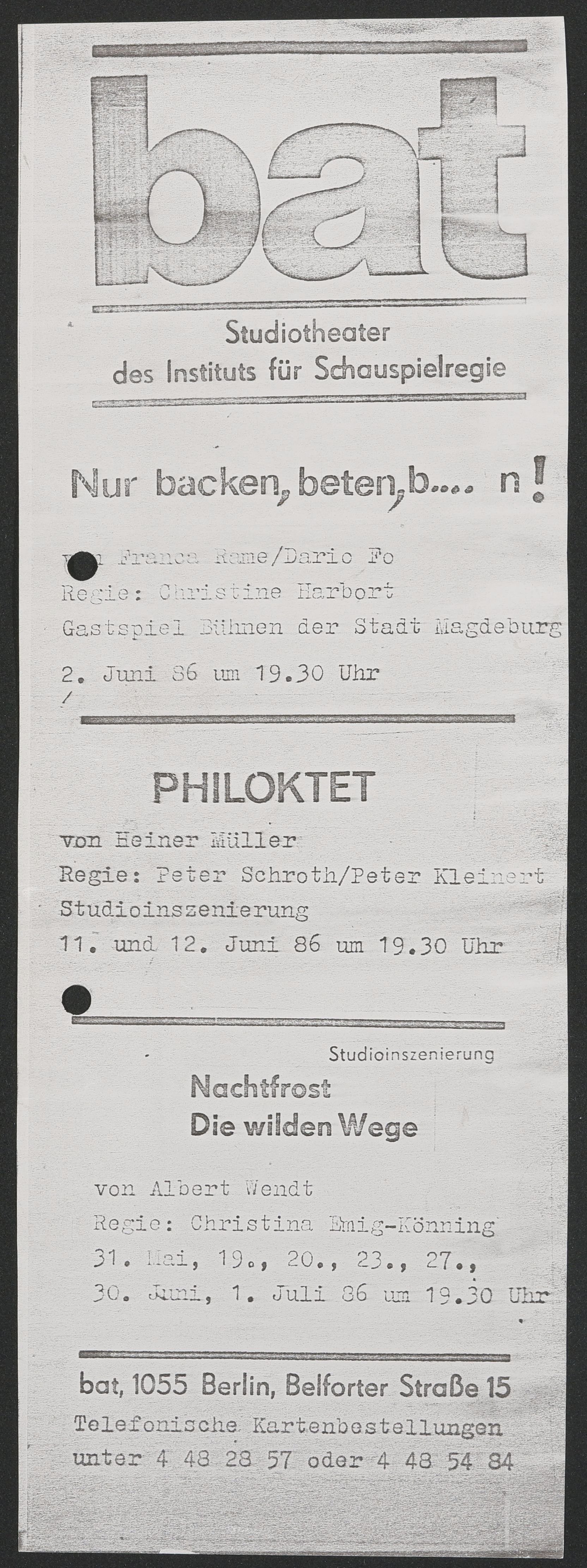 Programmheft zu "Philoktet" am bat-Studiotheater 1985 (Hochschule für Schauspielkunst Ernst Busch Berlin RR-F)