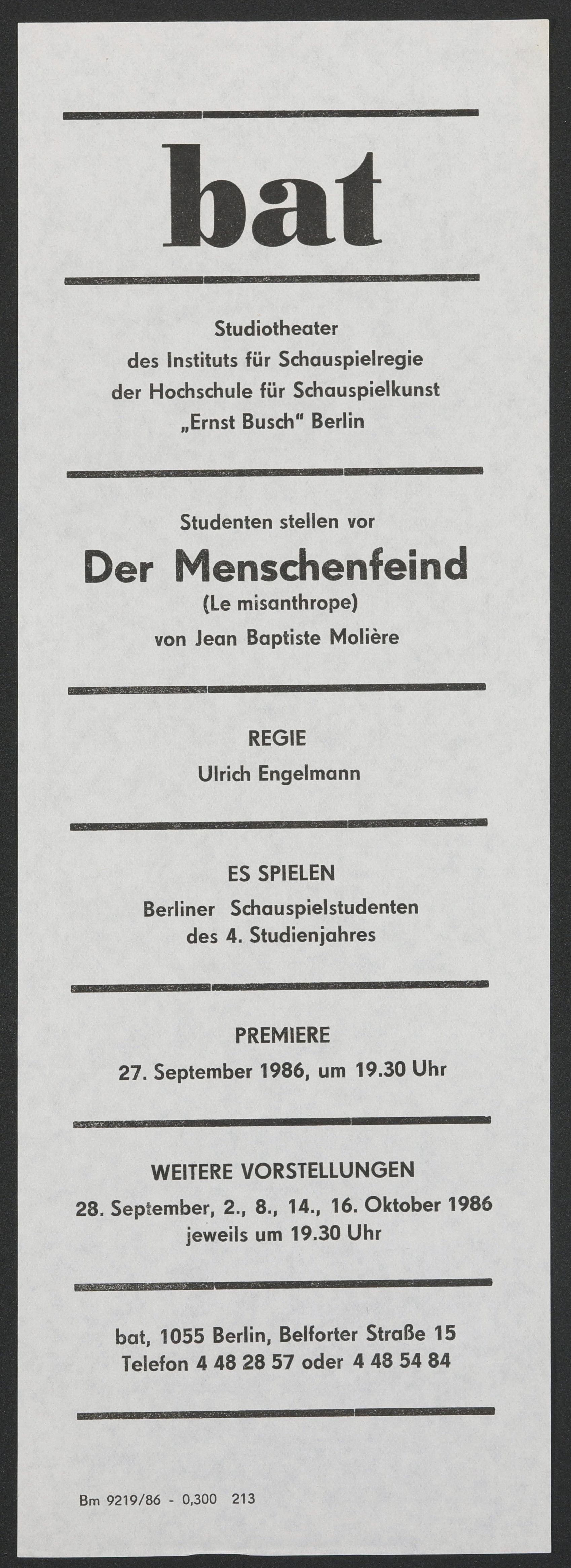 Programmhinweis zu "Der Menschenfeind" am bat-Studiotheater 1986 (Hochschule für Schauspielkunst Ernst Busch Berlin RR-F)