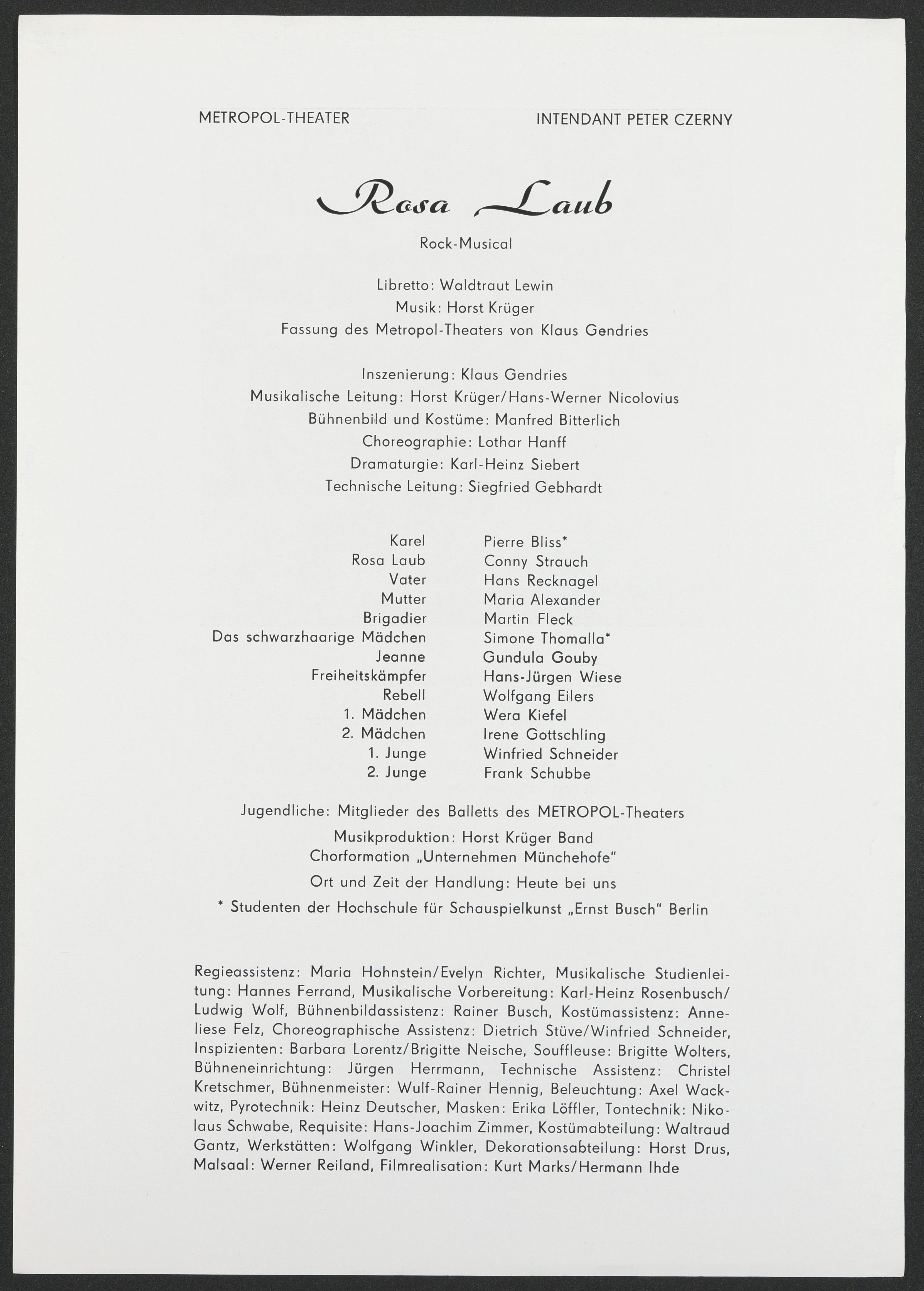 Programmzettel zu "Rosa Laub" am Metropol-Theater 1987 (Hochschule für Schauspielkunst Ernst Busch Berlin RR-F)
