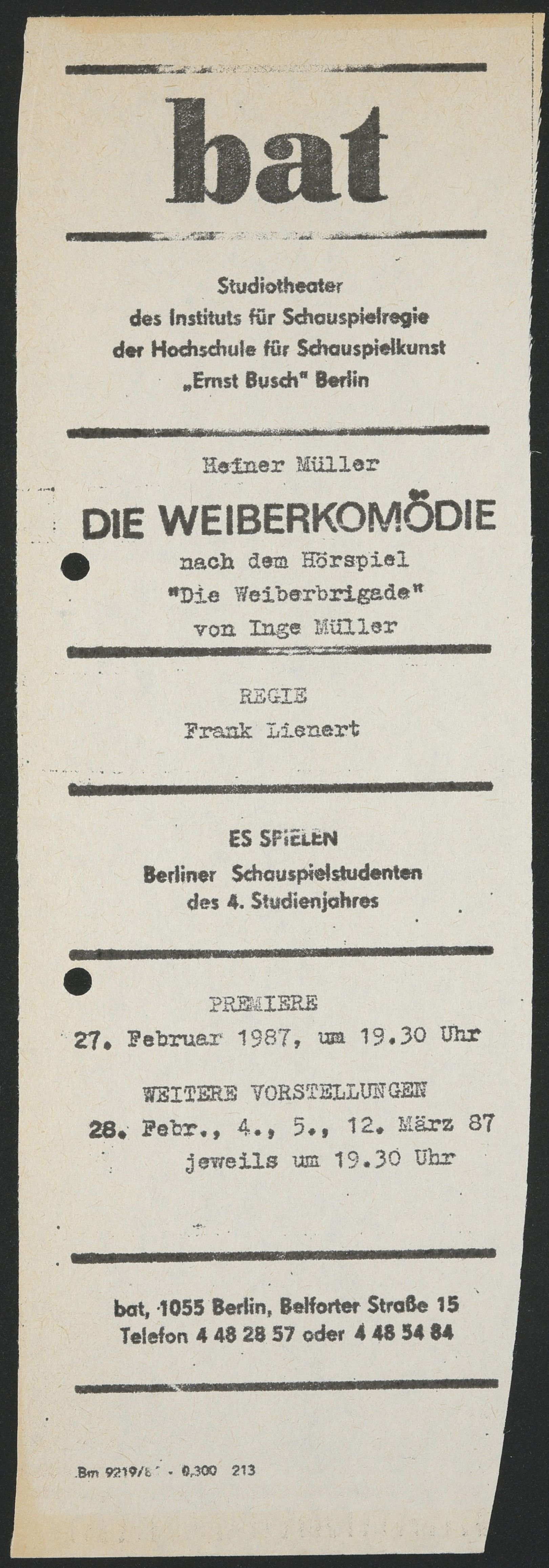 Programmheft zu "Die Weiberkomödie" am bat-Studiotheater 1987 (Hochschule für Schauspielkunst Ernst Busch Berlin RR-F)