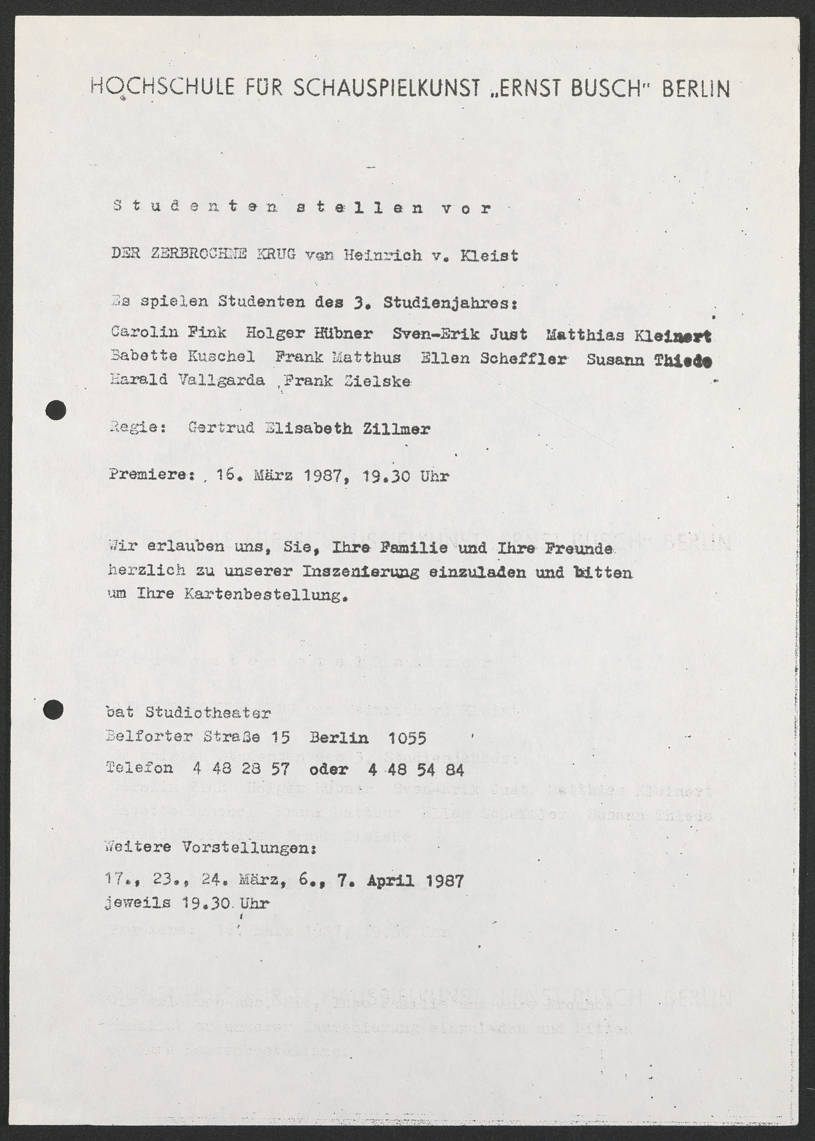 Programmheft zu "Der zerbrochne Krug" am bat-Studiotheater 1987 (Hochschule für Schauspielkunst Ernst Busch Berlin RR-F)