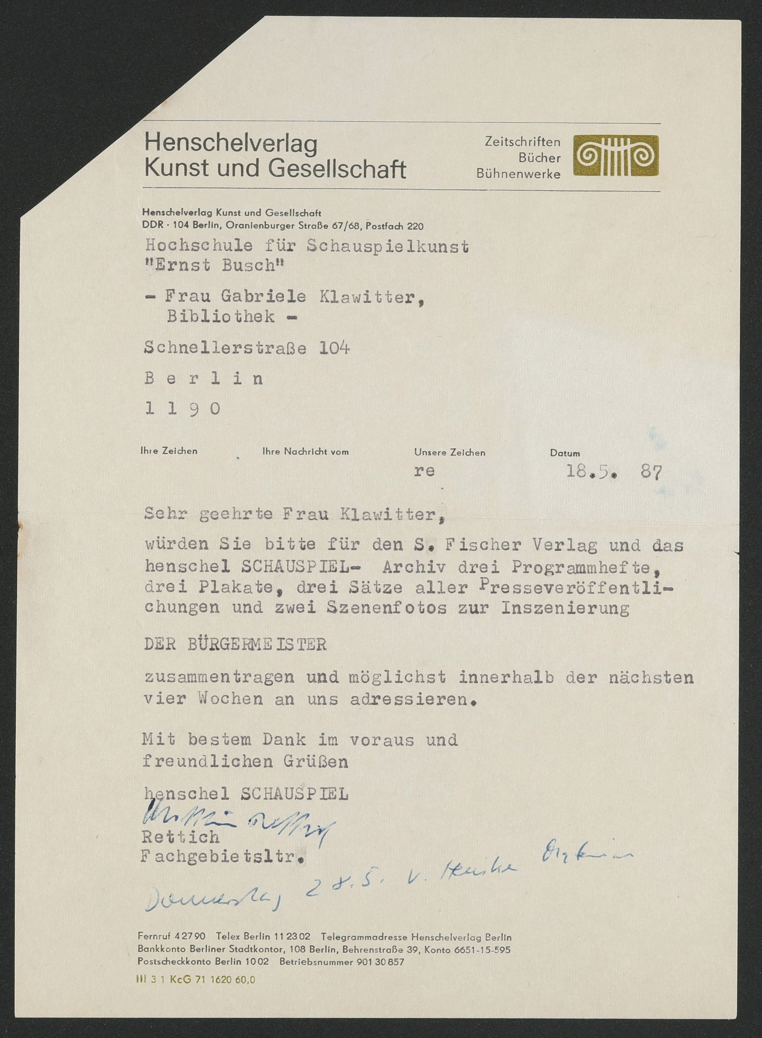 Schreiben zu "Der Bürgermeister" am Theater unterm Dach 1987 (Hochschule für Schauspielkunst Ernst Busch Berlin RR-F)