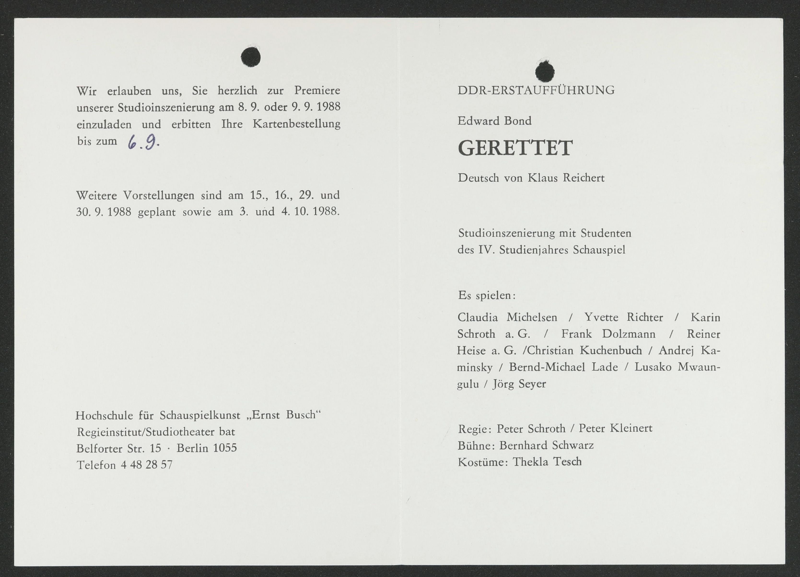 Einladung zu "Gerettet" am bat-Studiotheater 1988 (Hochschule für Schauspielkunst Ernst Busch Berlin RR-F)