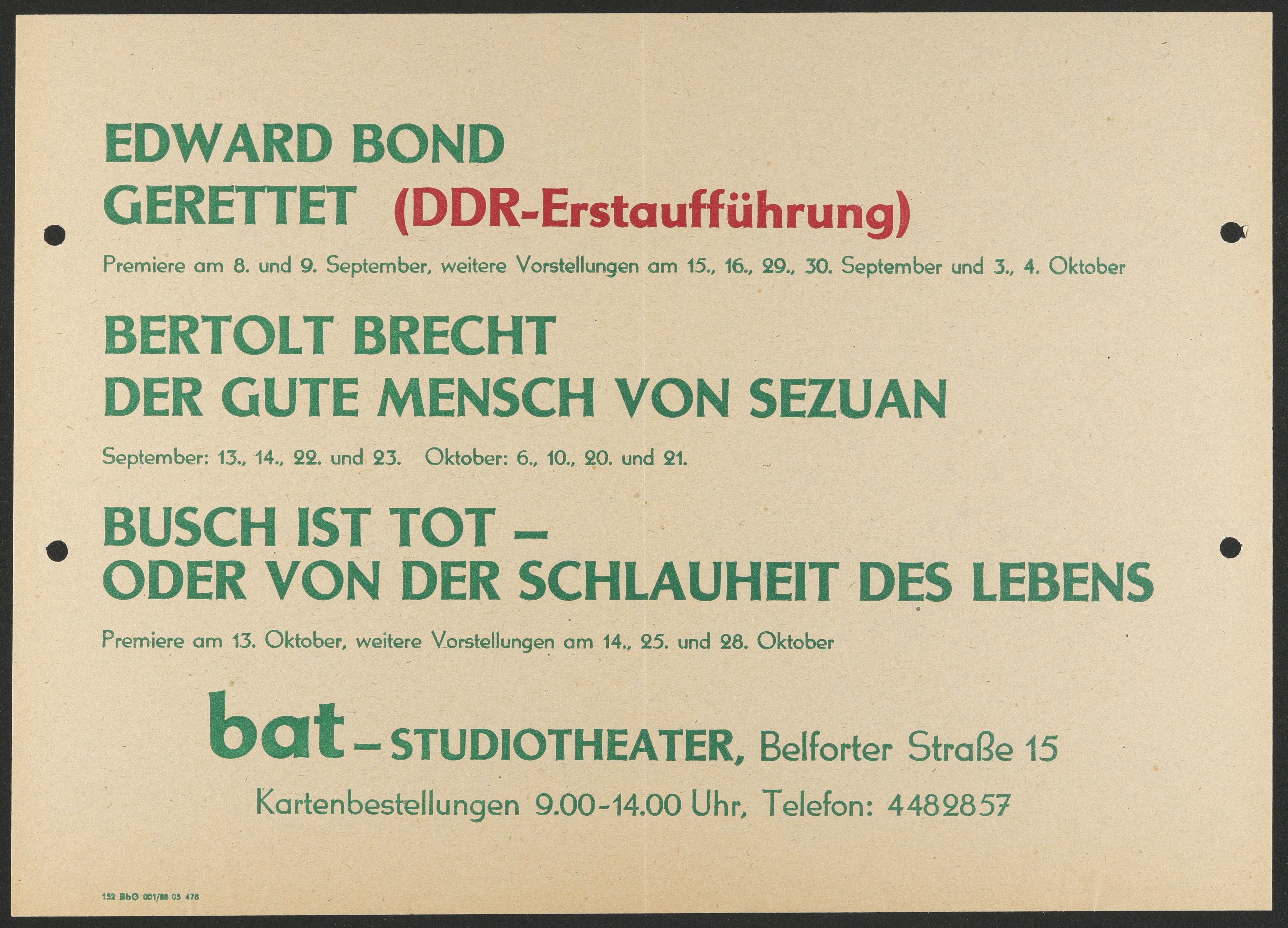 Spielplan zu "Busch ist tot" am bat-Studiotheater 1988 (Hochschule für Schauspielkunst Ernst Busch Berlin RR-F)